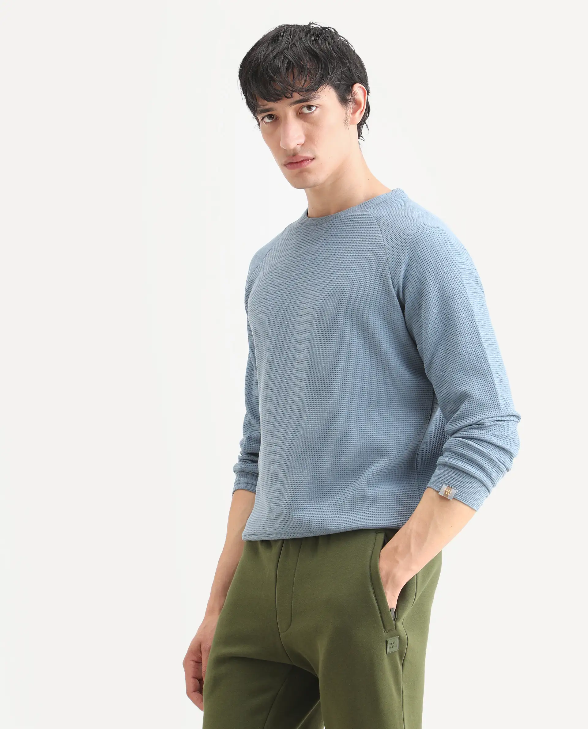 Rare Rabbit Men's Sven Teal Cotton Plain Regular Fit Full Sleeve Crew Neck Sweatshirt - Image 5