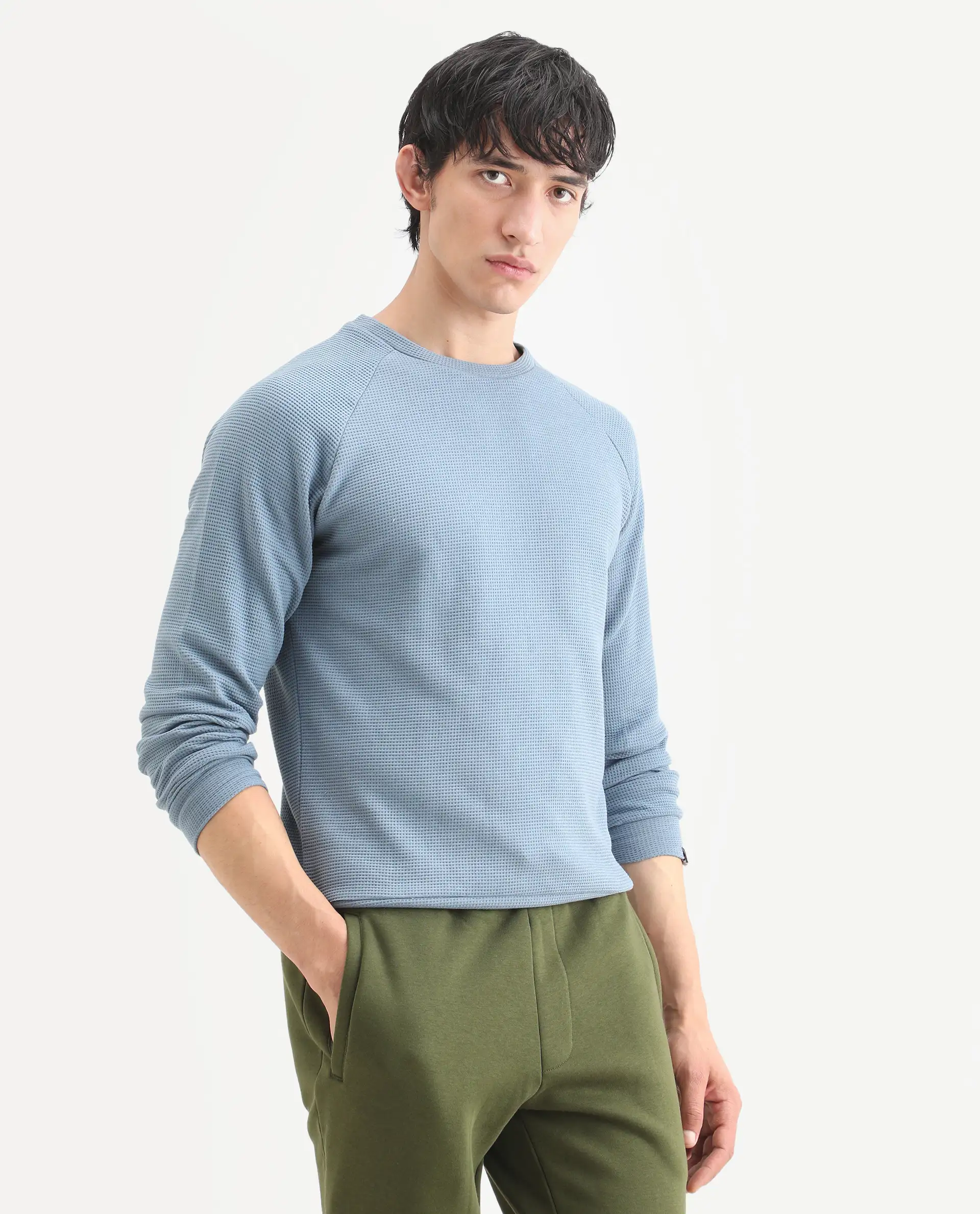 Rare Rabbit Men's Sven Teal Cotton Plain Regular Fit Full Sleeve Crew Neck Sweatshirt - Image 6