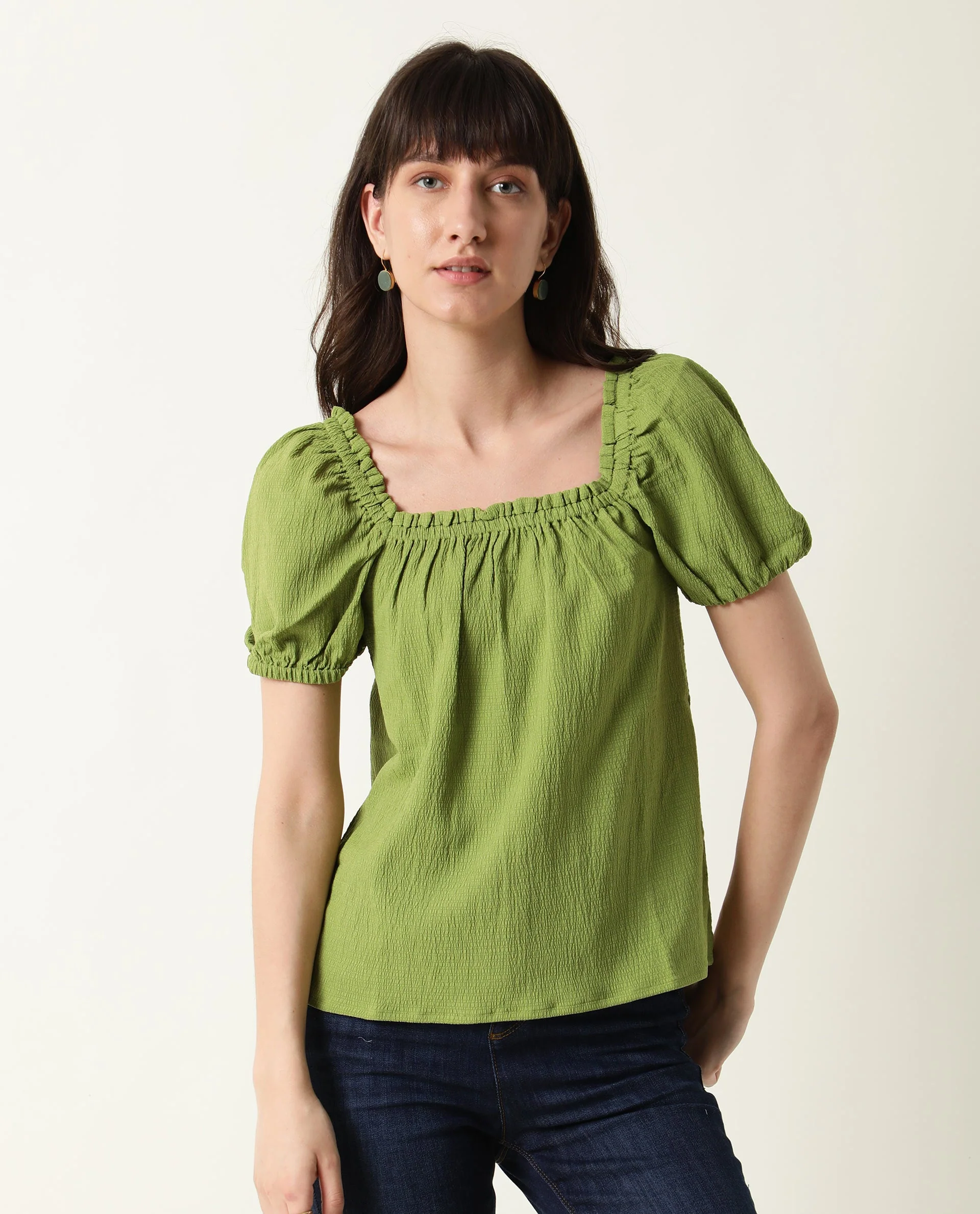 Rareism Women's Swag Green Cotton Blend Square Neck Plain Tailored Top