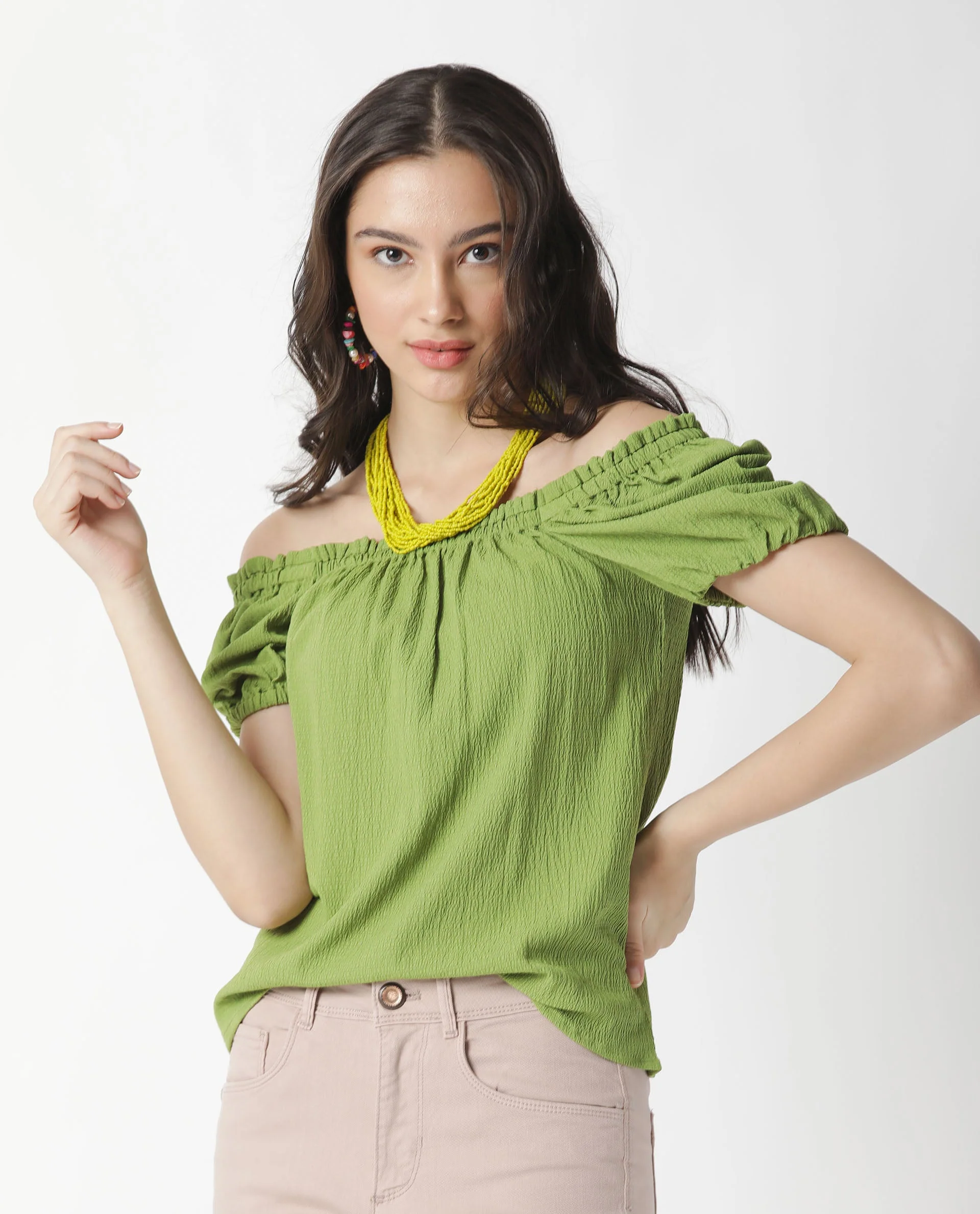 Rareism Women's Swag Green Cotton Blend Square Neck Plain Tailored Top - Image 12