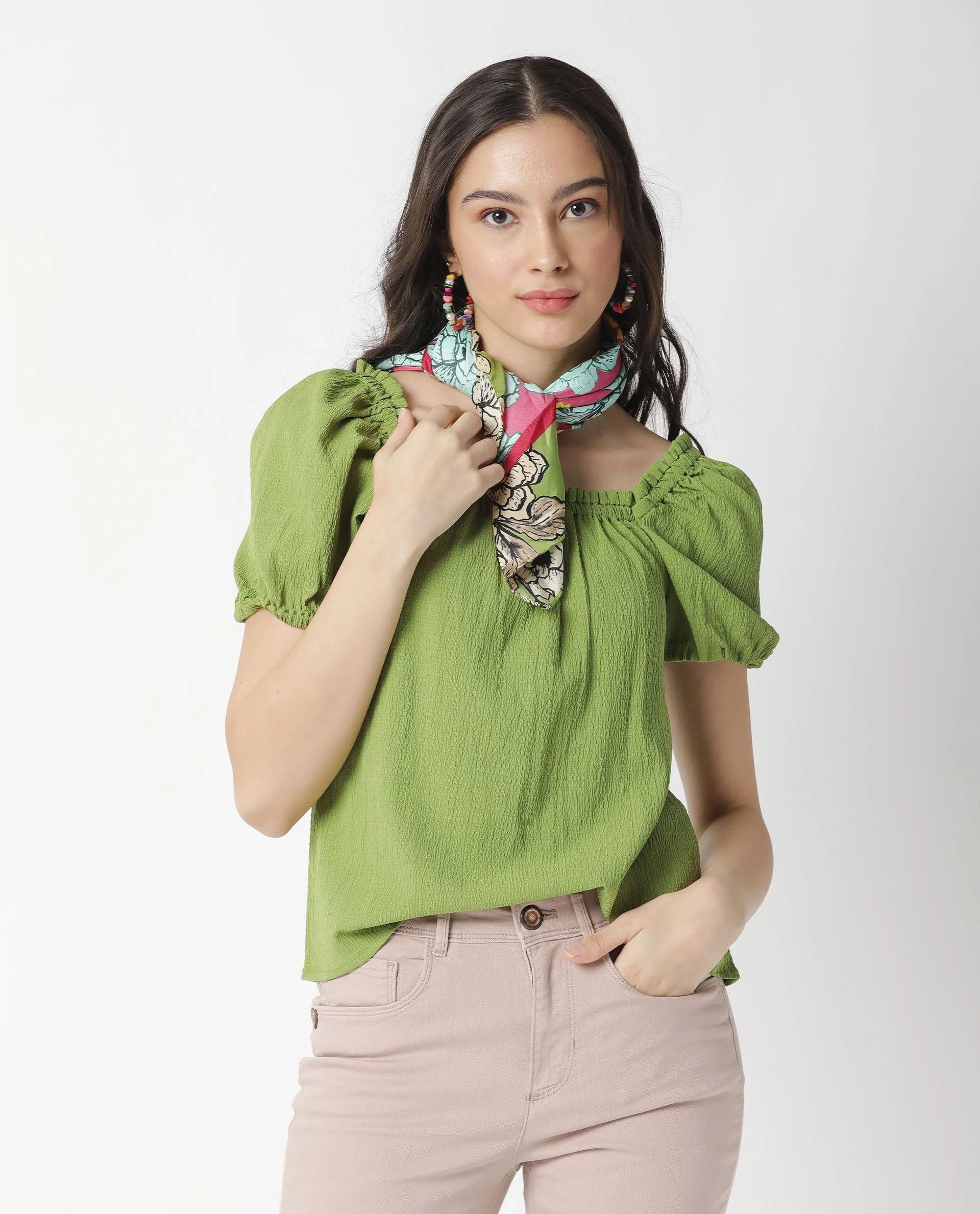 Rareism Women's Swag Green Cotton Blend Square Neck Plain Tailored Top - Image 13