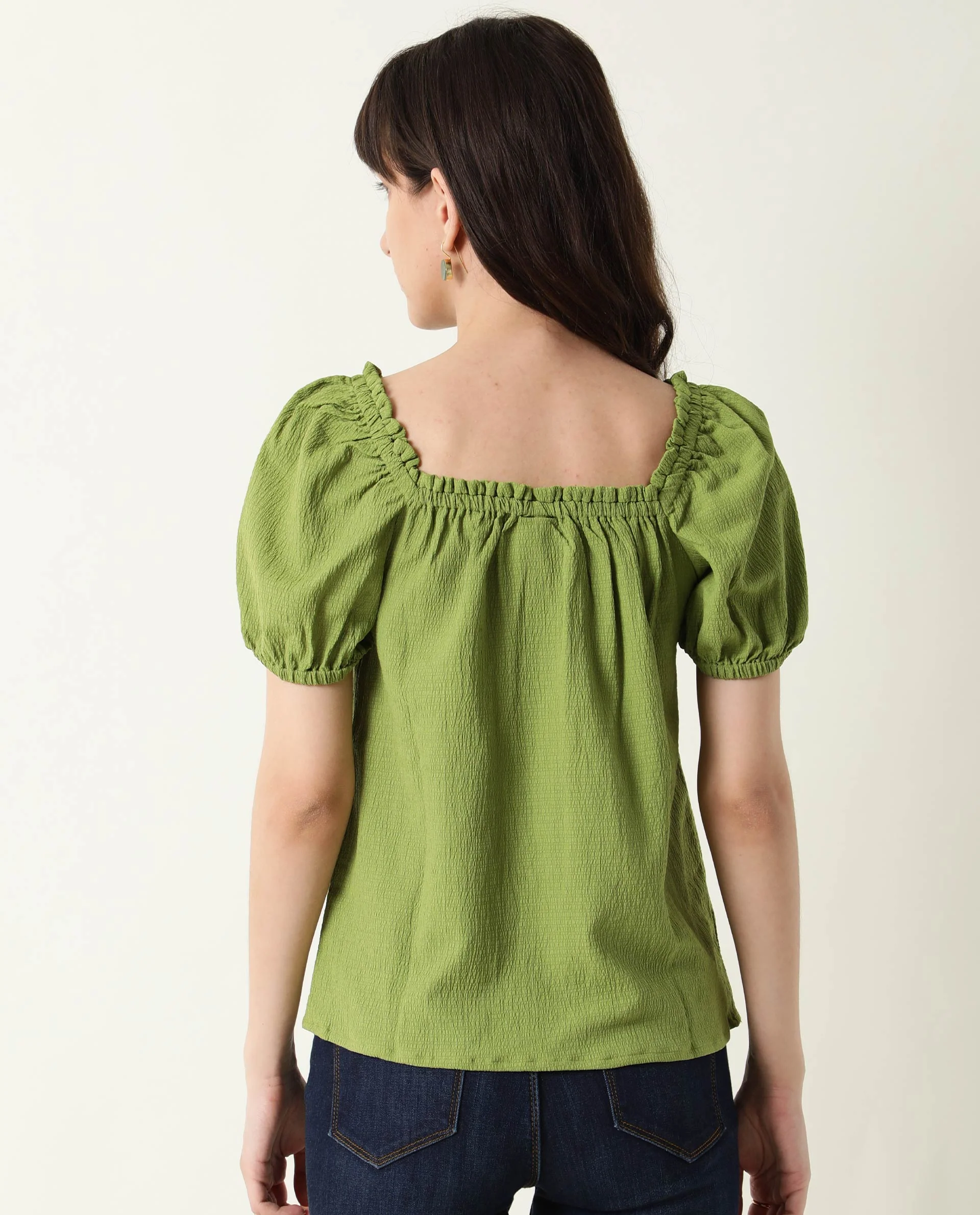 Rareism Women's Swag Green Cotton Blend Square Neck Plain Tailored Top - Image 16
