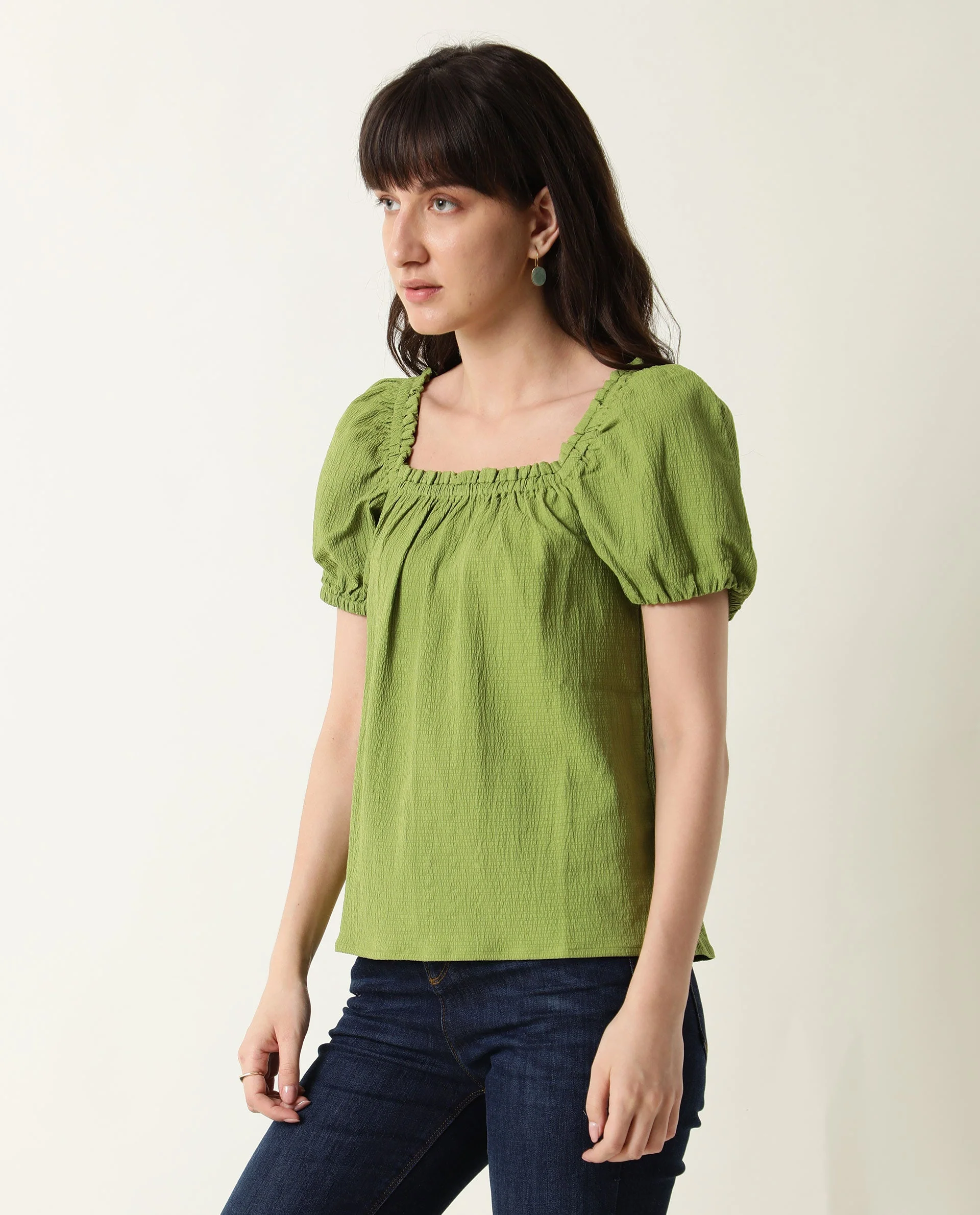 Rareism Women's Swag Green Cotton Blend Square Neck Plain Tailored Top - Image 5