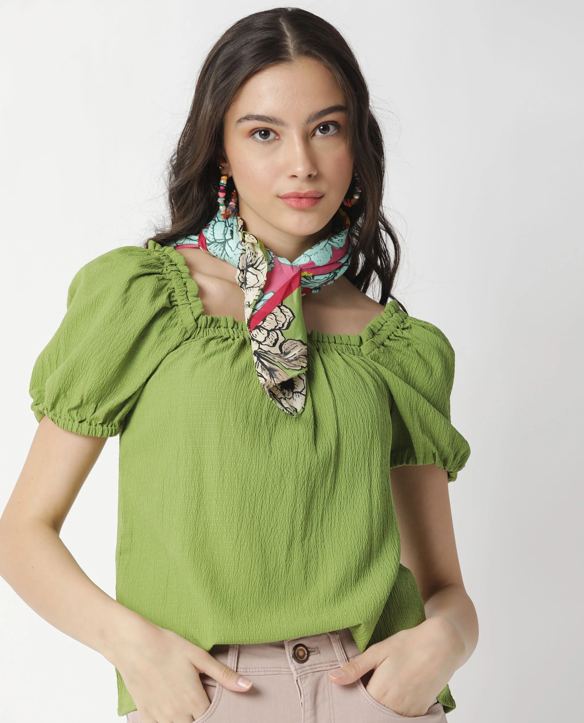 Rareism Women's Swag Green Cotton Blend Square Neck Plain Tailored Top - Image 7