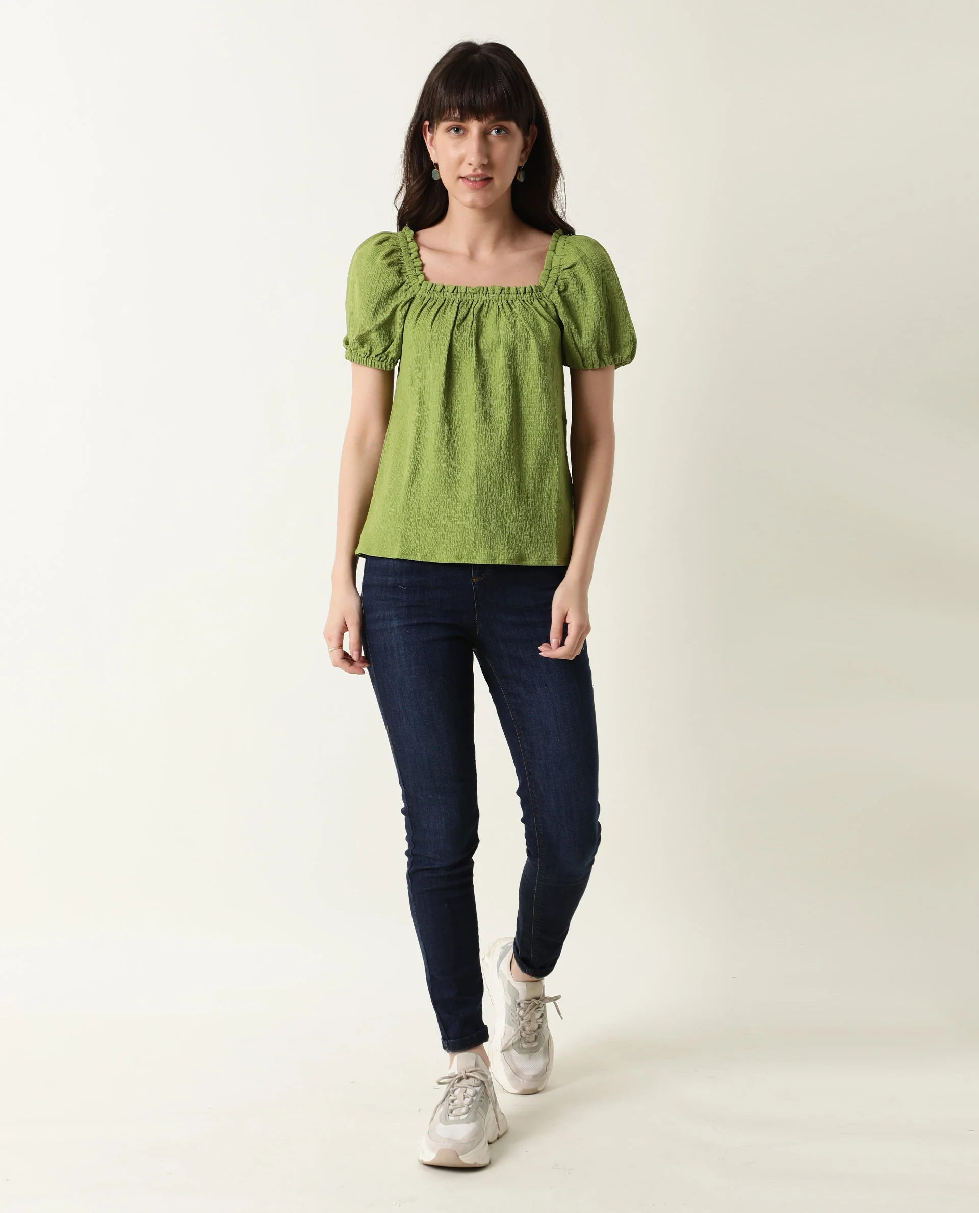 Rareism Women's Swag Green Cotton Blend Square Neck Plain Tailored Top - Image 8