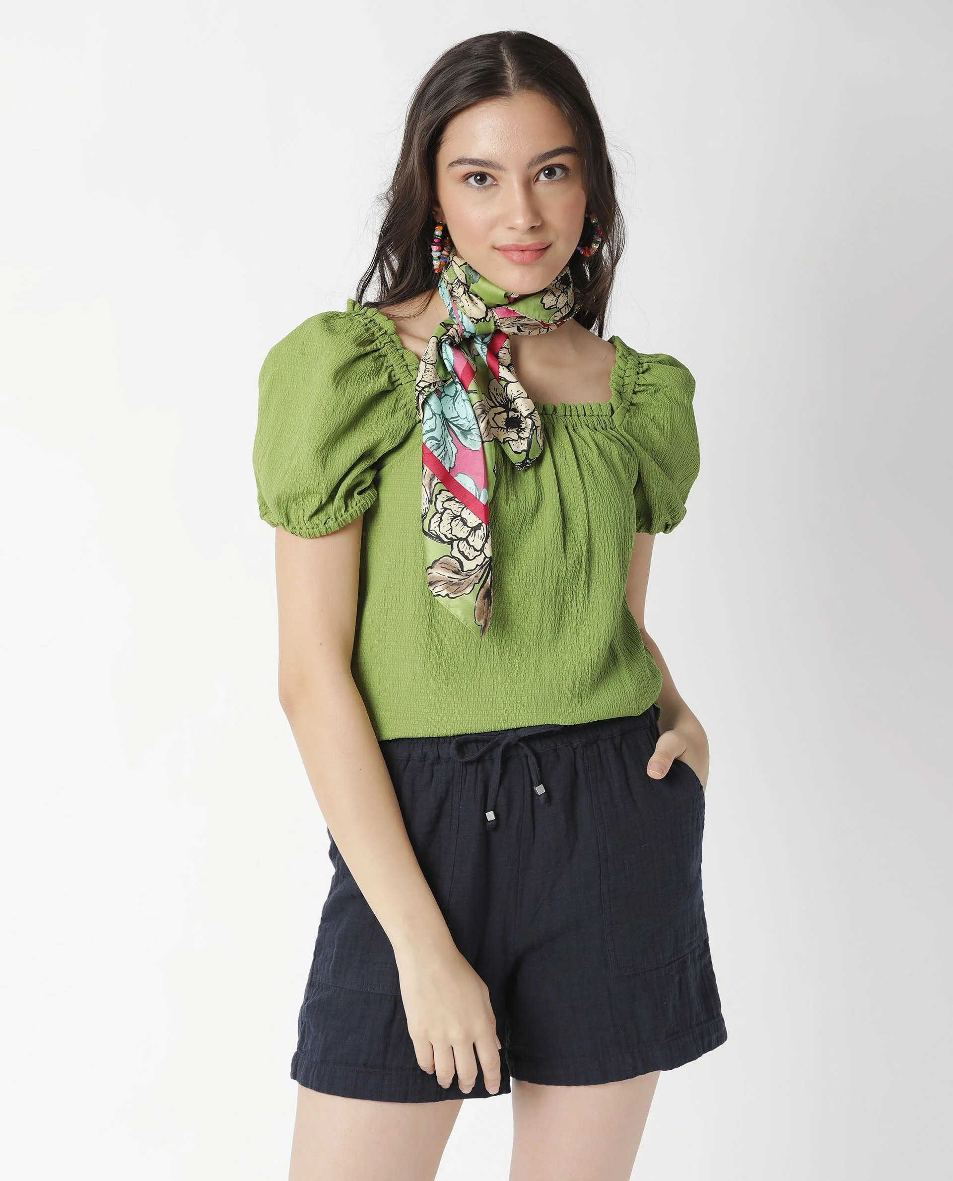 Rareism Women's Swag Green Cotton Blend Square Neck Plain Tailored Top - Image 9