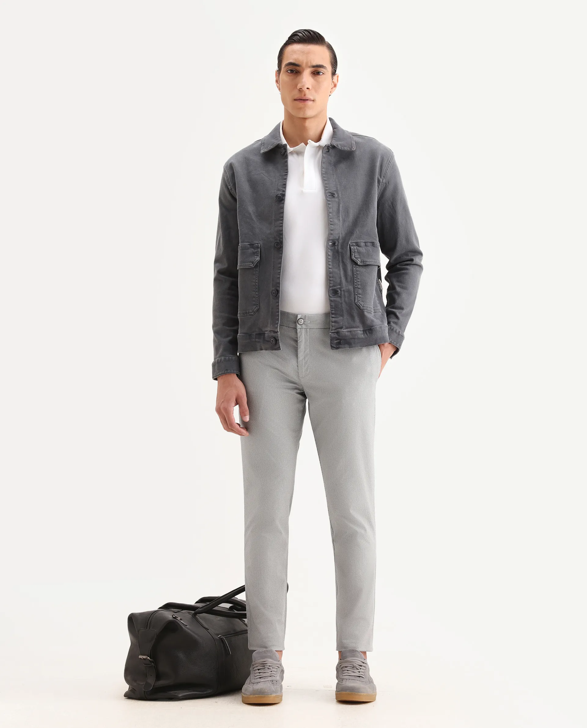 Rare Rabbit Men's Swamp Light Grey Cotton Textured Regular Fit Trouser