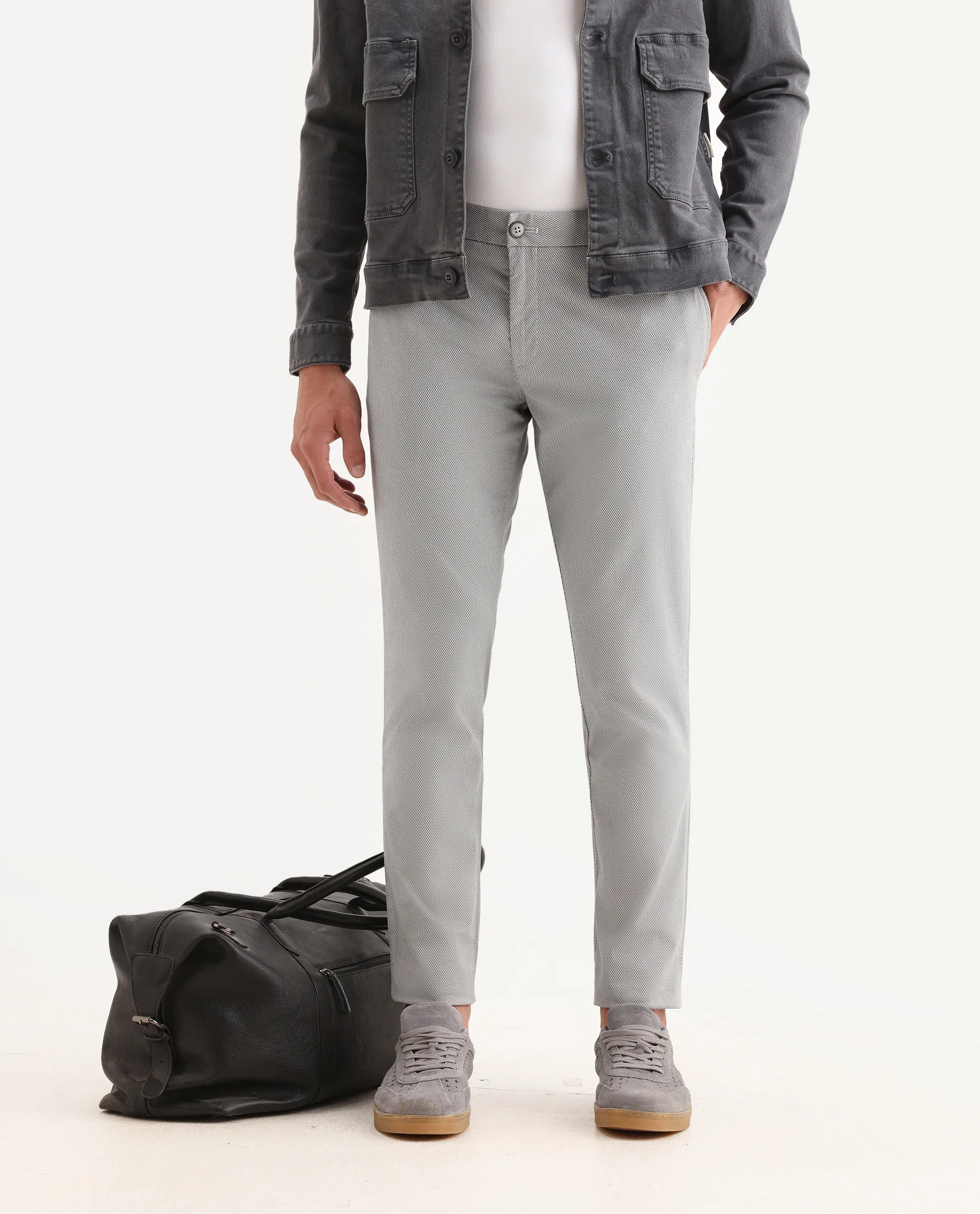 Rare Rabbit Men's Swamp Light Grey Cotton Textured Regular Fit Trouser - Image 2