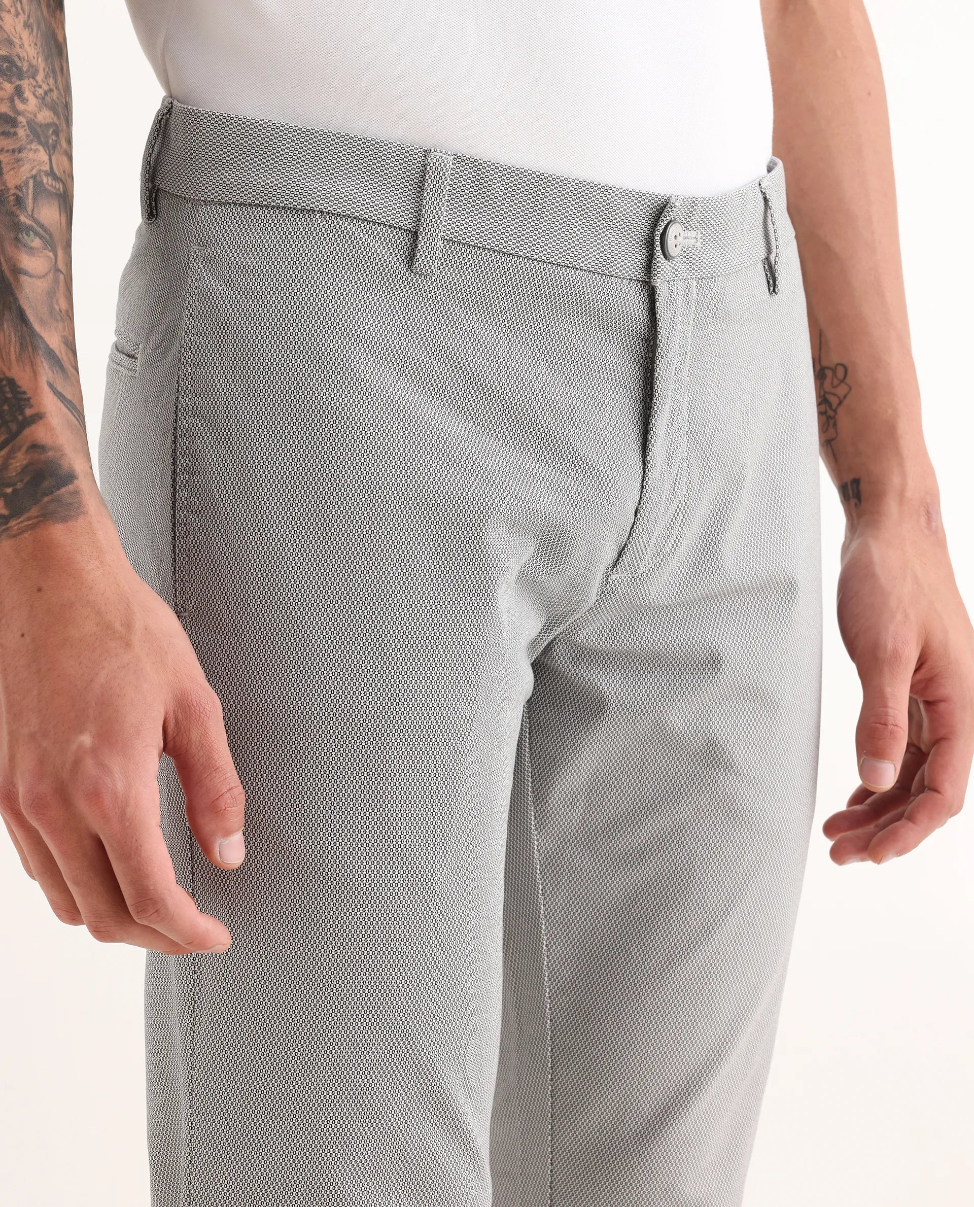Rare Rabbit Men's Swamp Light Grey Cotton Textured Regular Fit Trouser - Image 3