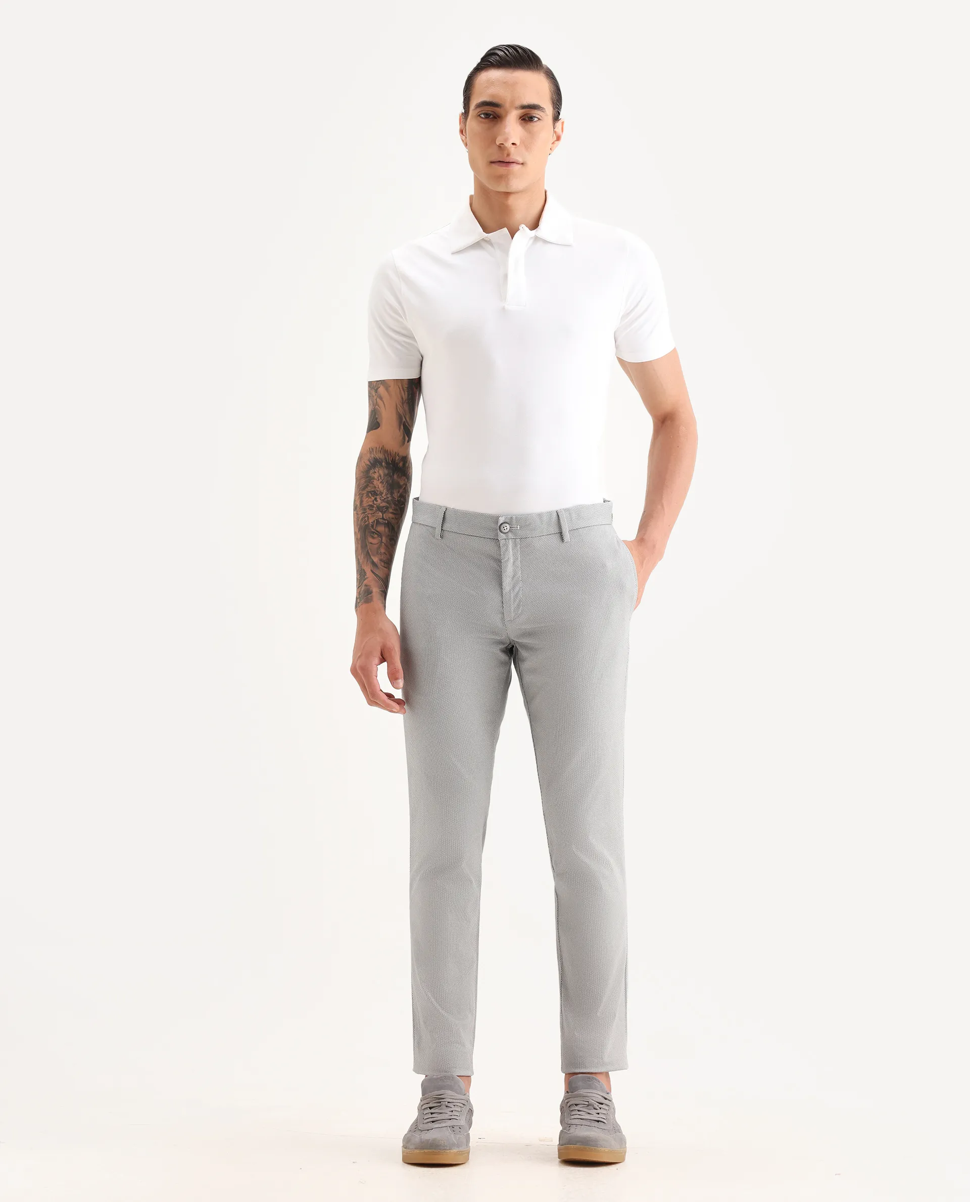 Rare Rabbit Men's Swamp Light Grey Cotton Textured Regular Fit Trouser - Image 4