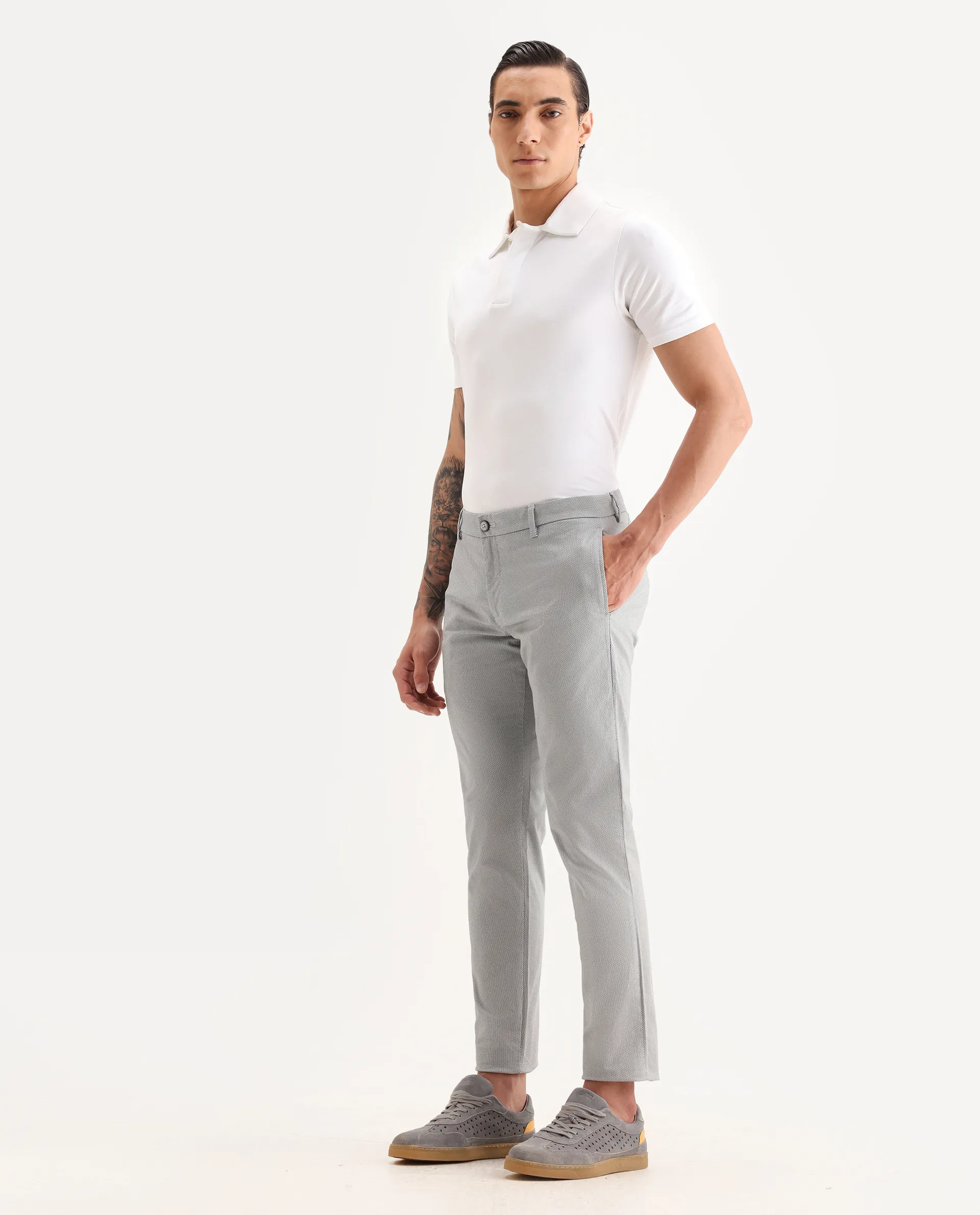 Rare Rabbit Men's Swamp Light Grey Cotton Textured Regular Fit Trouser - Image 5