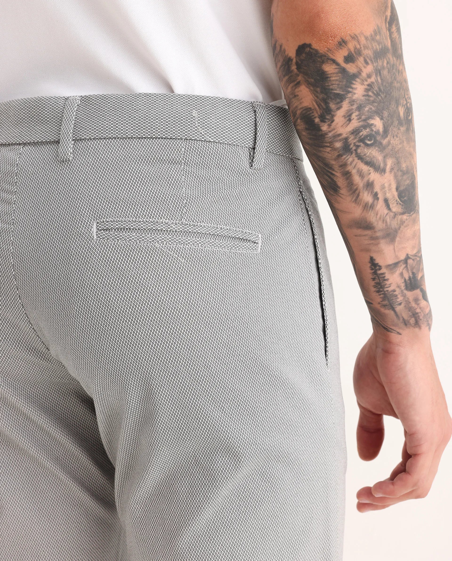 Rare Rabbit Men's Swamp Light Grey Cotton Textured Regular Fit Trouser - Image 6