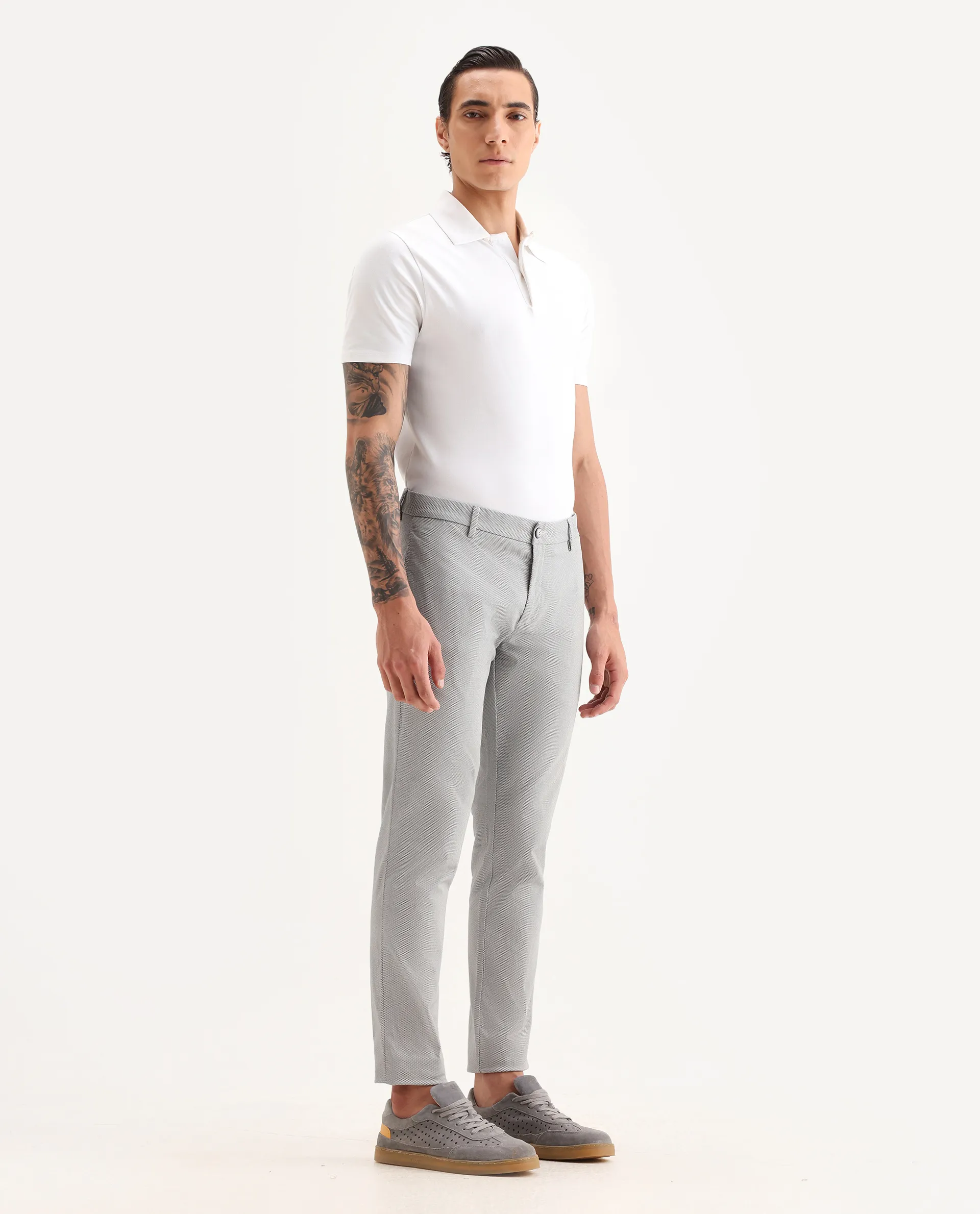 Rare Rabbit Men's Swamp Light Grey Cotton Textured Regular Fit Trouser - Image 7