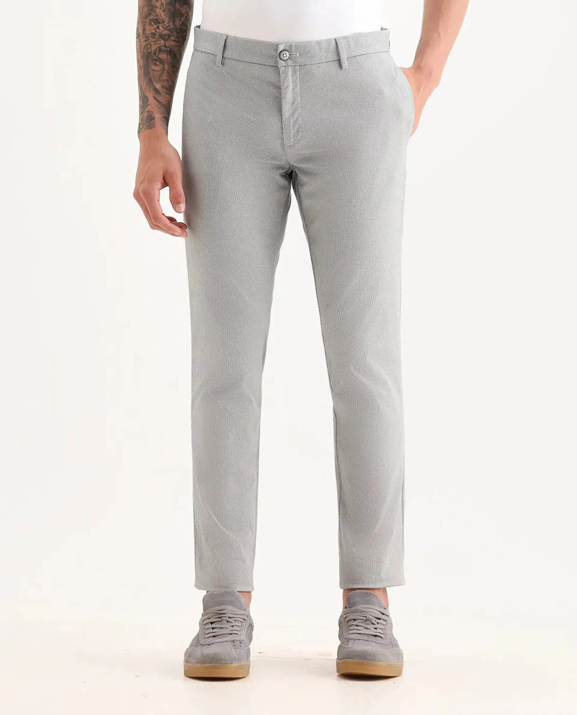 Rare Rabbit Men's Swamp Light Grey Cotton Textured Regular Fit Trouser - Image 9