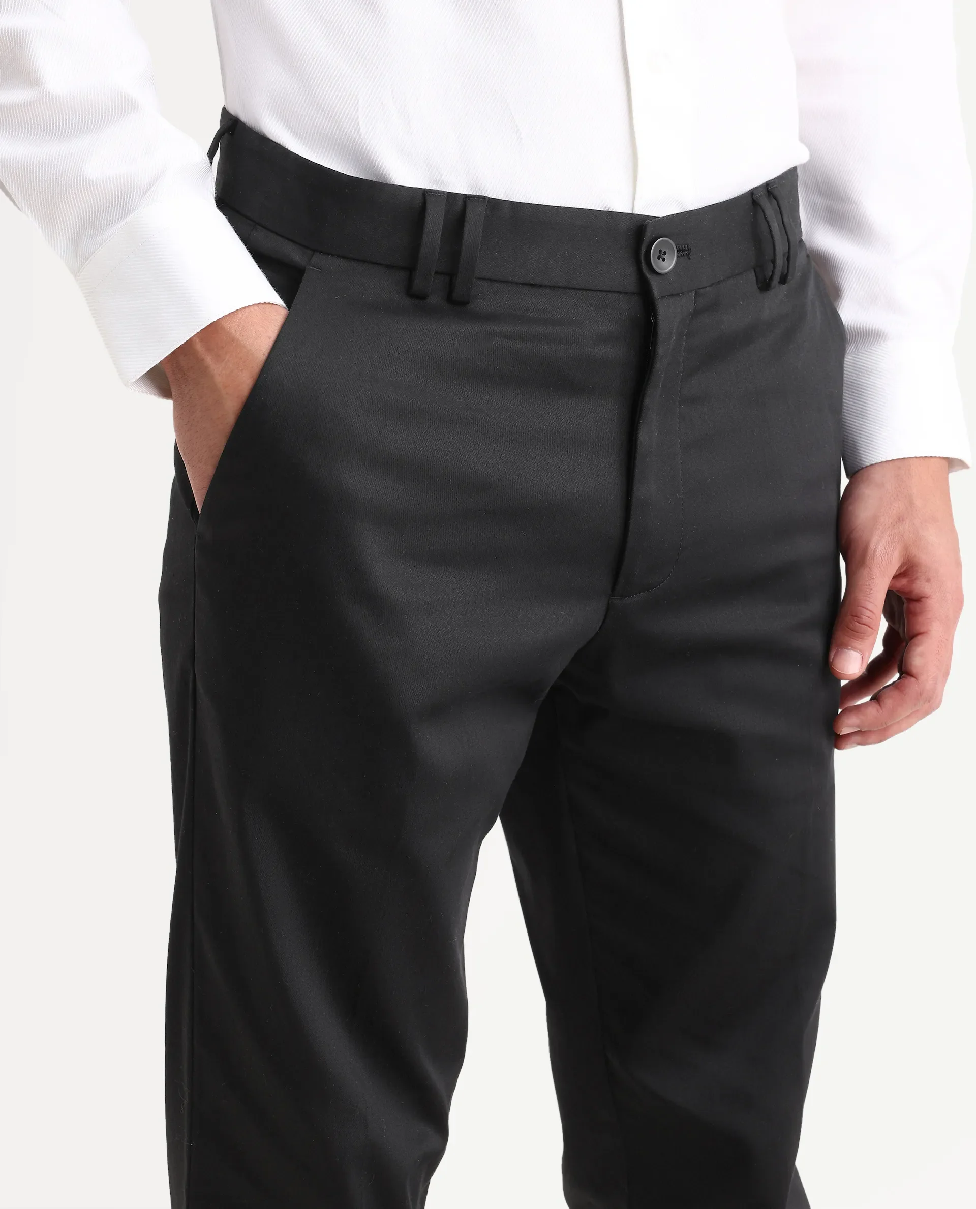 Rare Rabbit Men's Swat Black Cotton Blend Fabric Regular Fit Plain Trouser - Image 3