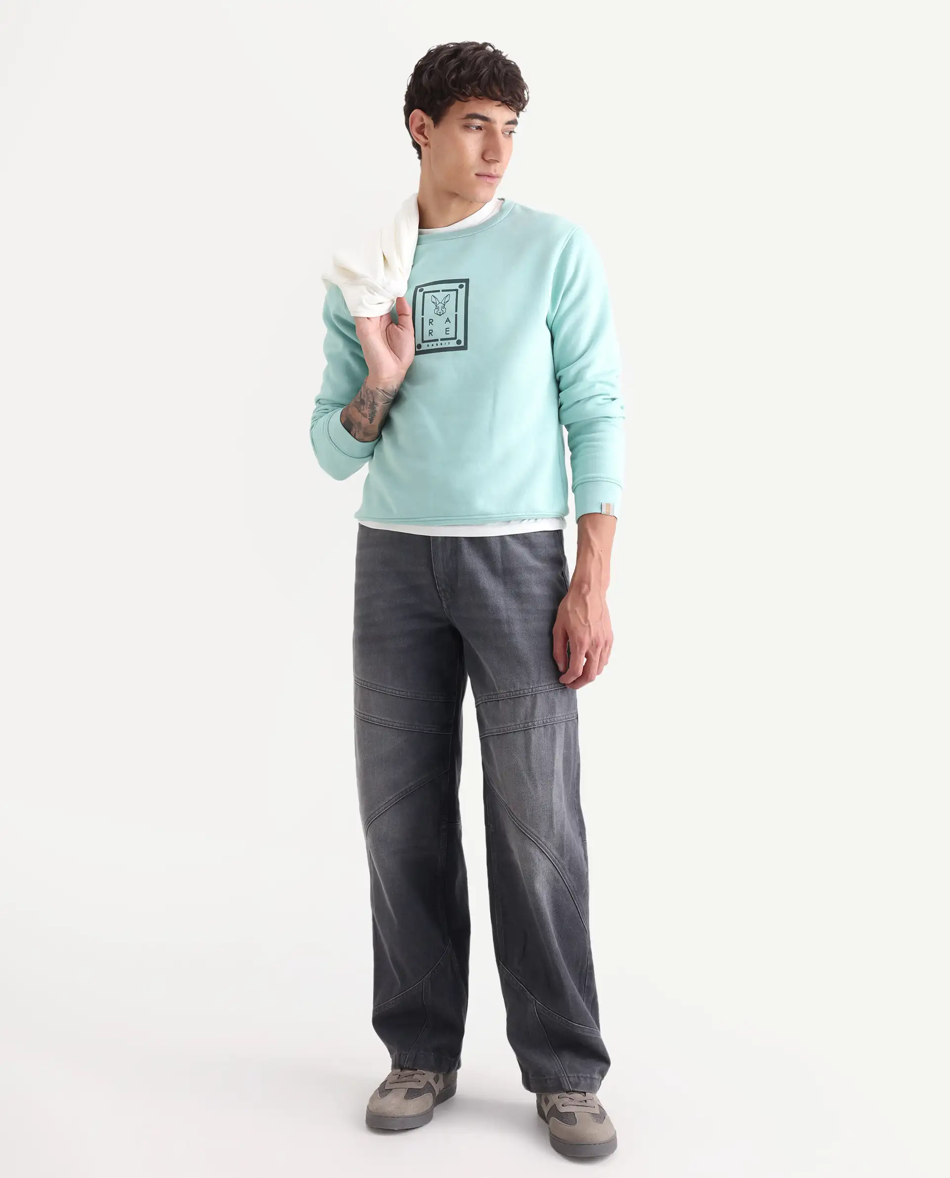 Rare Rabbit Men's Sweeney Light Green Cotton Graphic Print Regular Fit Full Sleeve Crew Neck Sweatshirt - Image 2