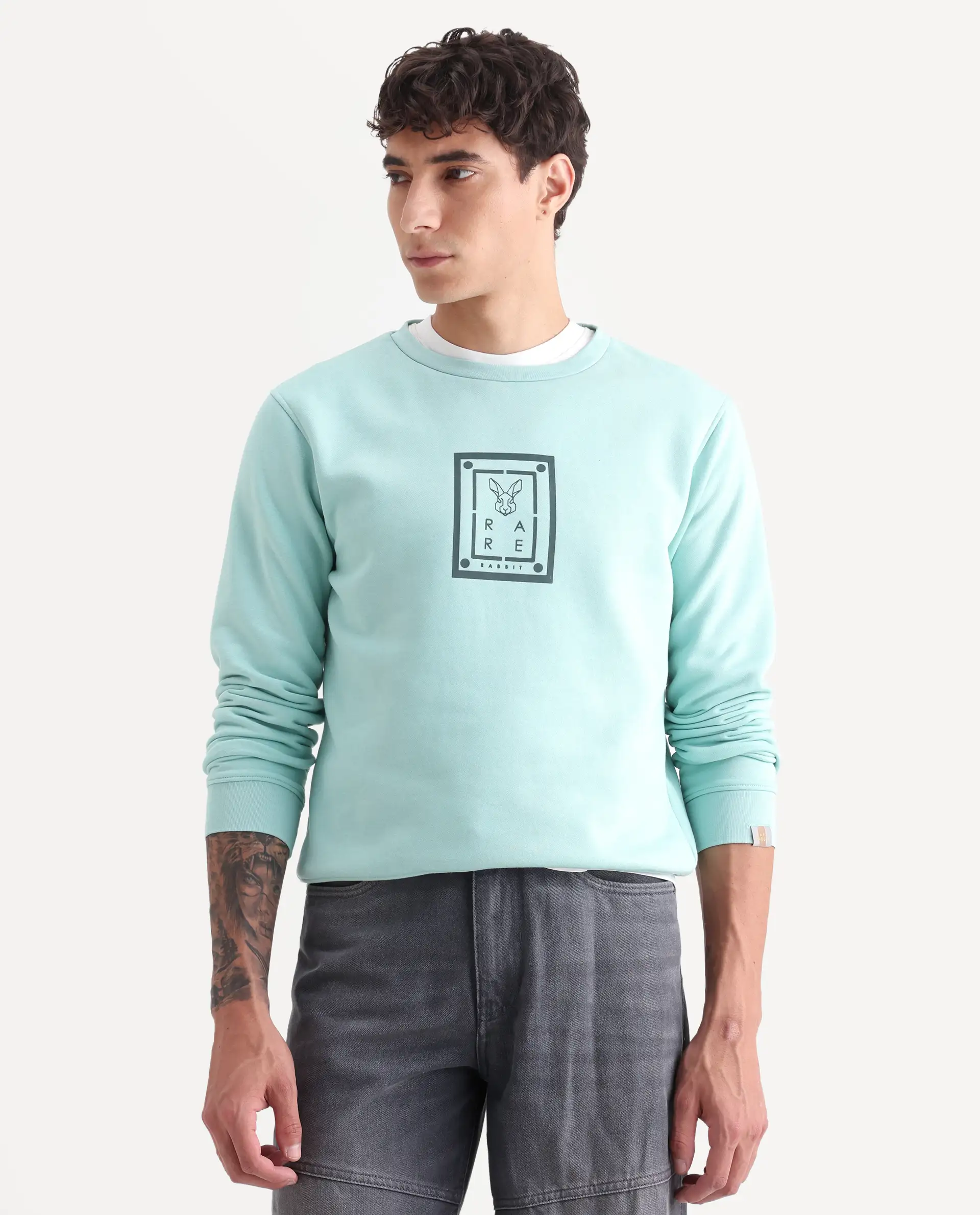 Rare Rabbit Men's Sweeney Light Green Cotton Graphic Print Regular Fit Full Sleeve Crew Neck Sweatshirt - Image 3