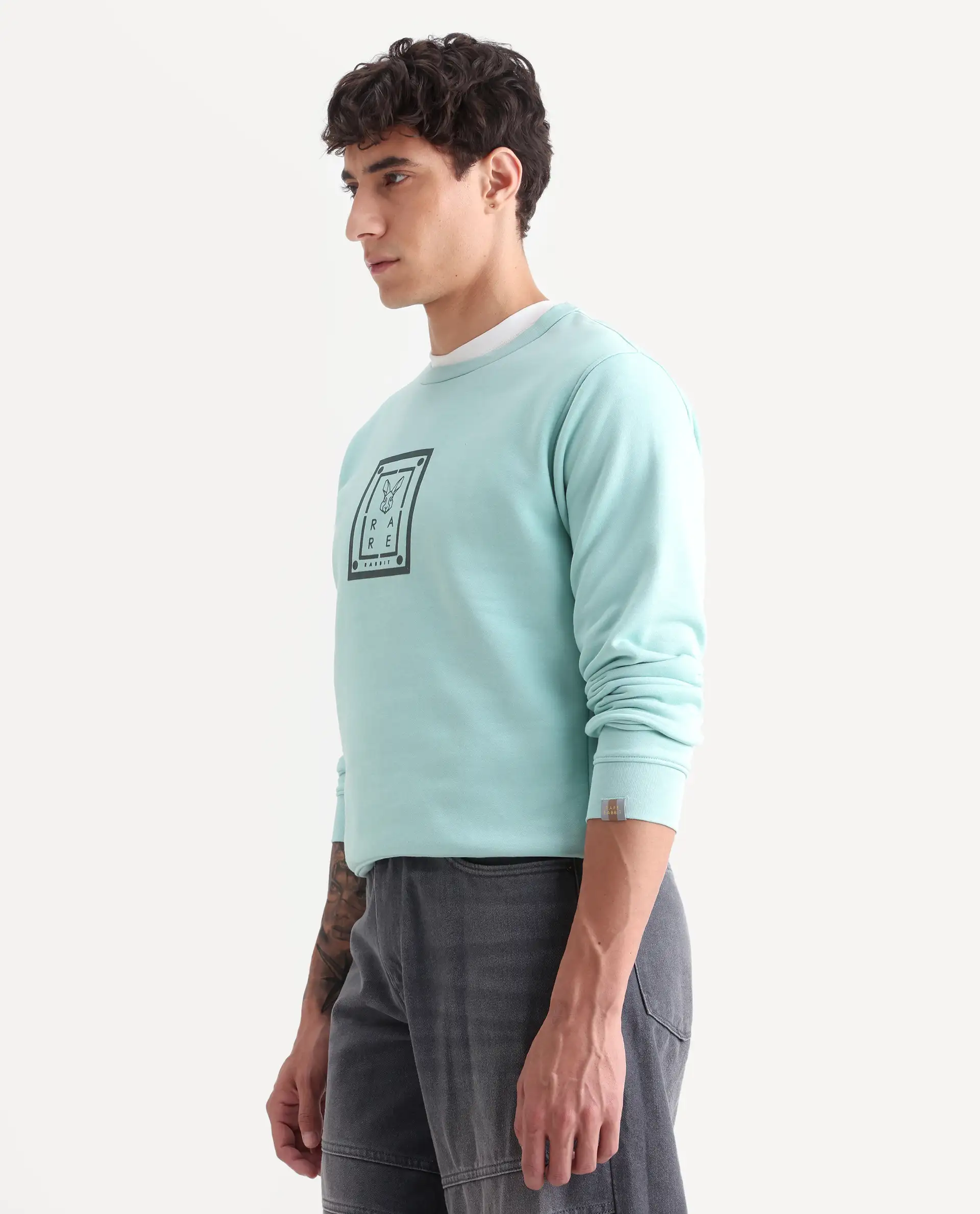 Rare Rabbit Men's Sweeney Light Green Cotton Graphic Print Regular Fit Full Sleeve Crew Neck Sweatshirt - Image 5