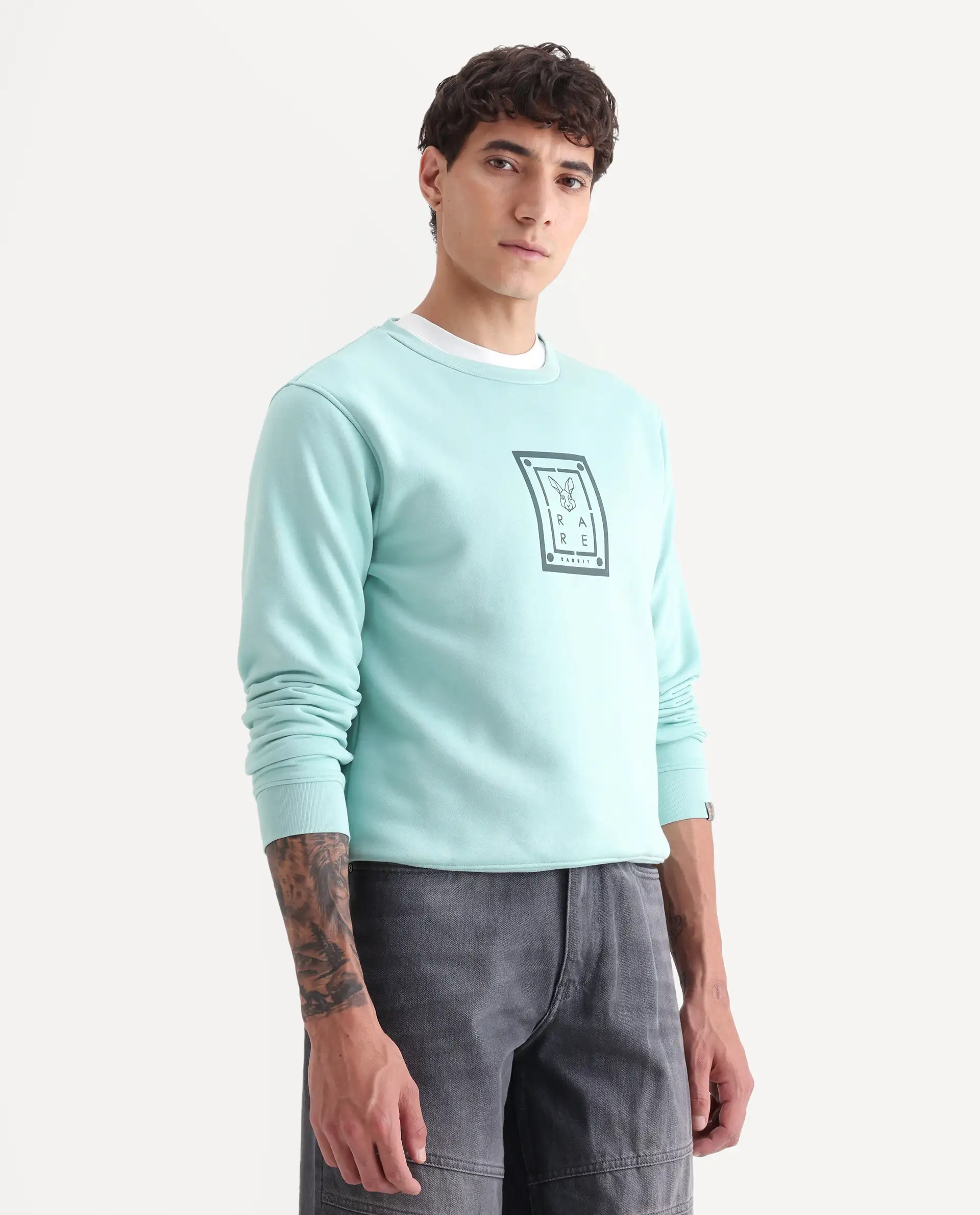 Rare Rabbit Men's Sweeney Light Green Cotton Graphic Print Regular Fit Full Sleeve Crew Neck Sweatshirt - Image 6