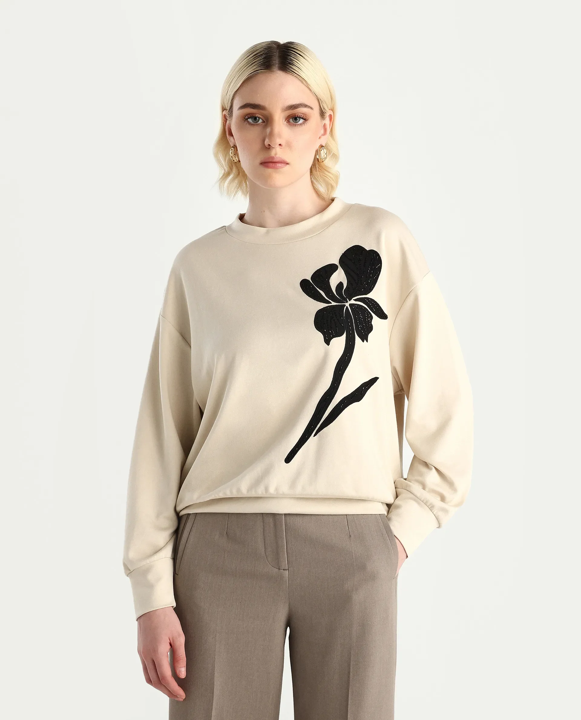 Rareism Women's Swer Light Beige Modal Blend Crew Neck Relaxed Fit Printed Sweatshirt - Image 3
