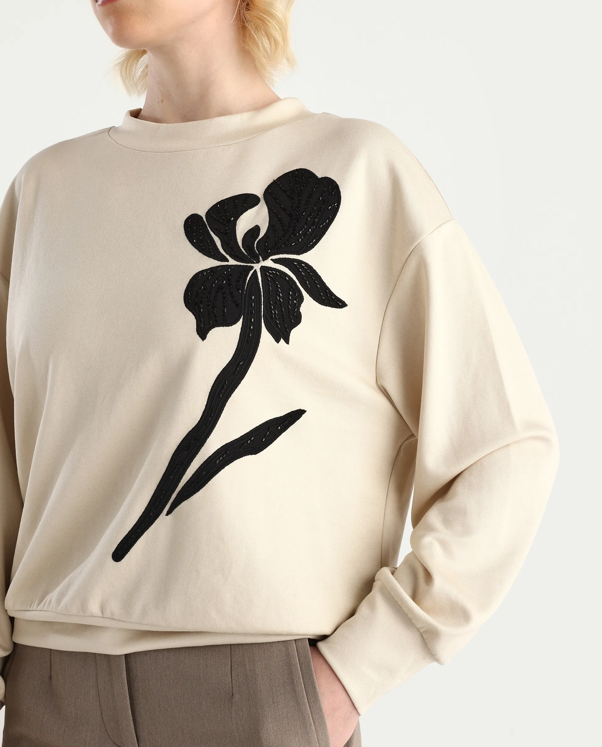 Rareism Women's Swer Light Beige Modal Blend Crew Neck Relaxed Fit Printed Sweatshirt - Image 4