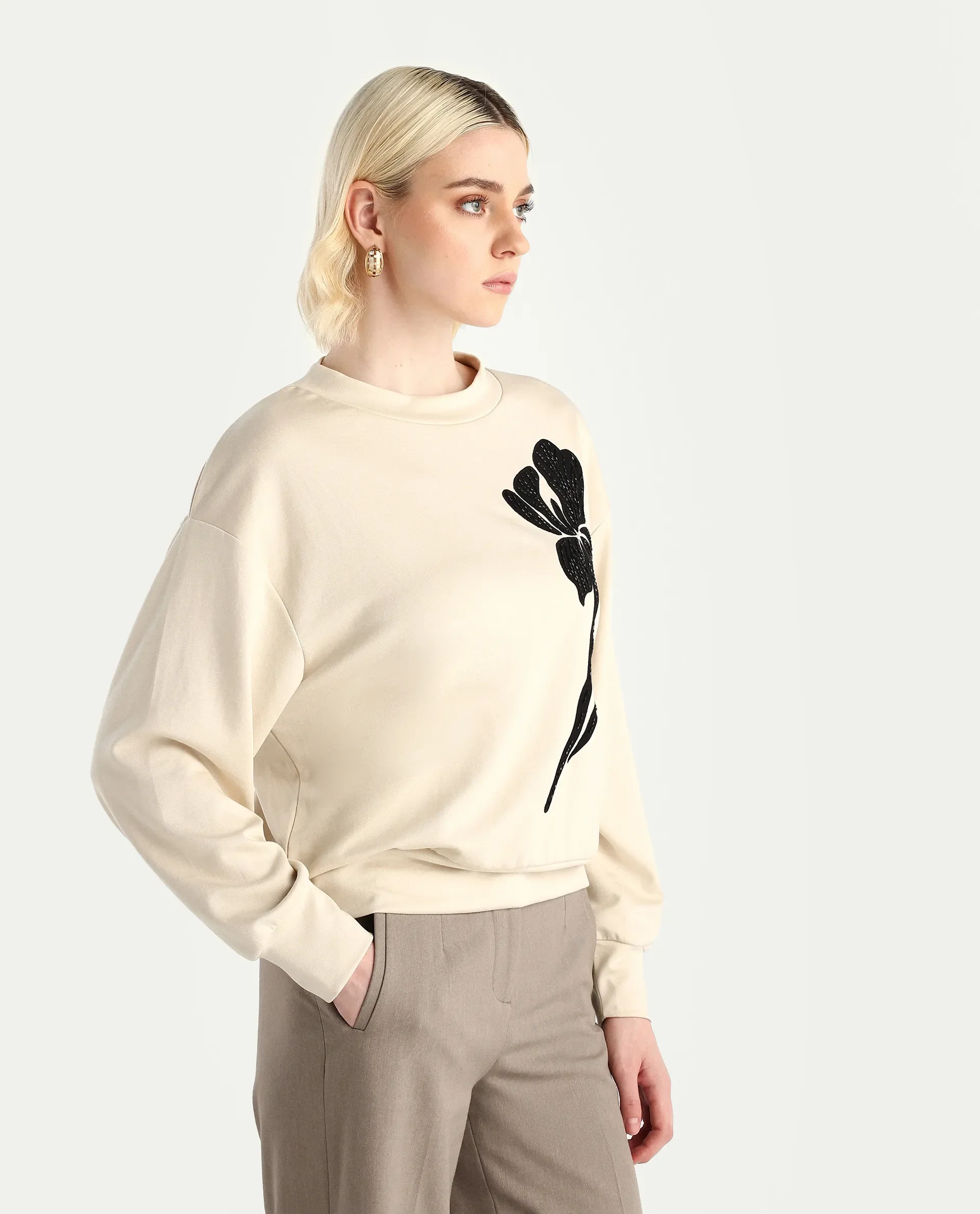 Rareism Women's Swer Light Beige Modal Blend Crew Neck Relaxed Fit Printed Sweatshirt - Image 5