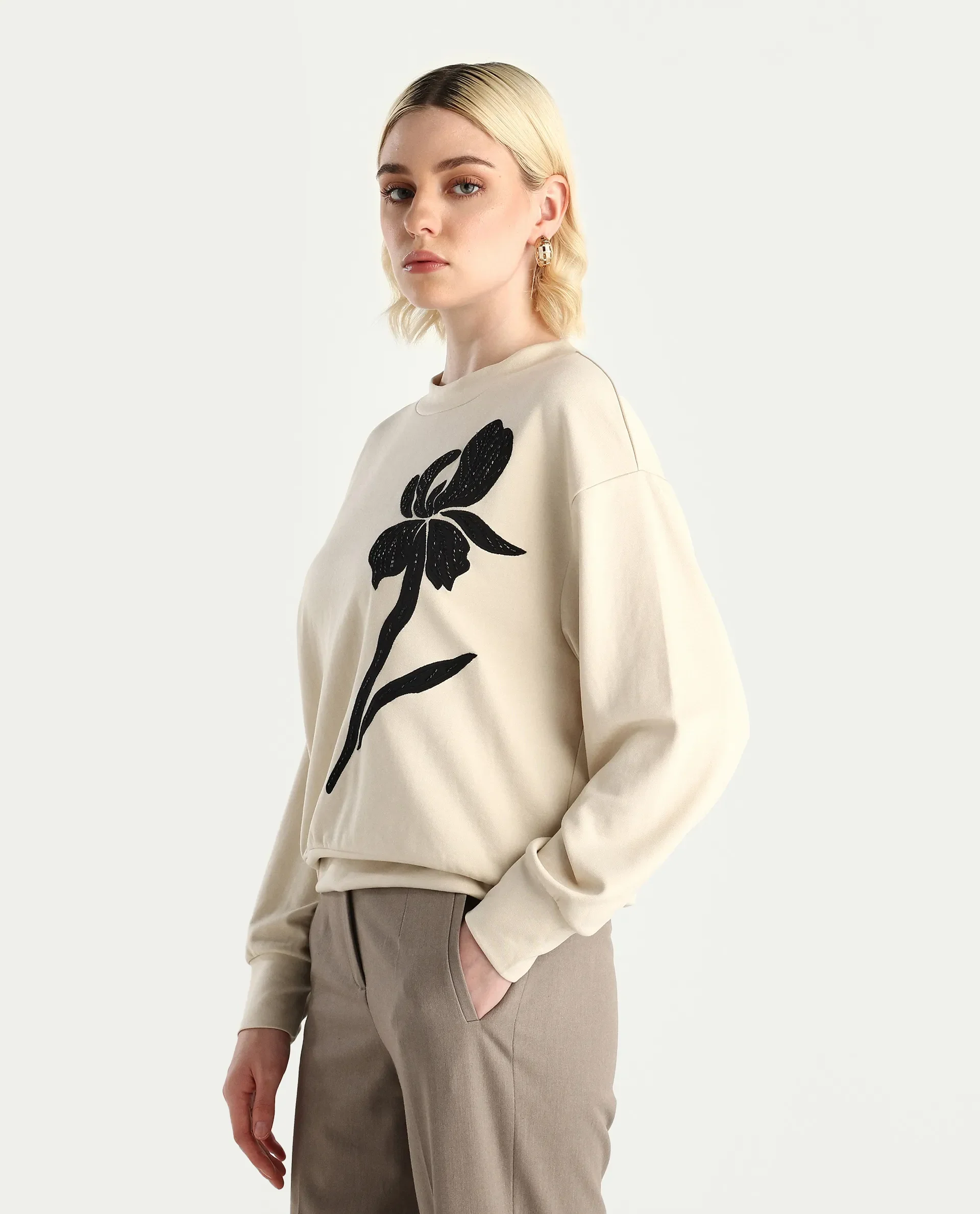 Rareism Women's Swer Light Beige Modal Blend Crew Neck Relaxed Fit Printed Sweatshirt - Image 6