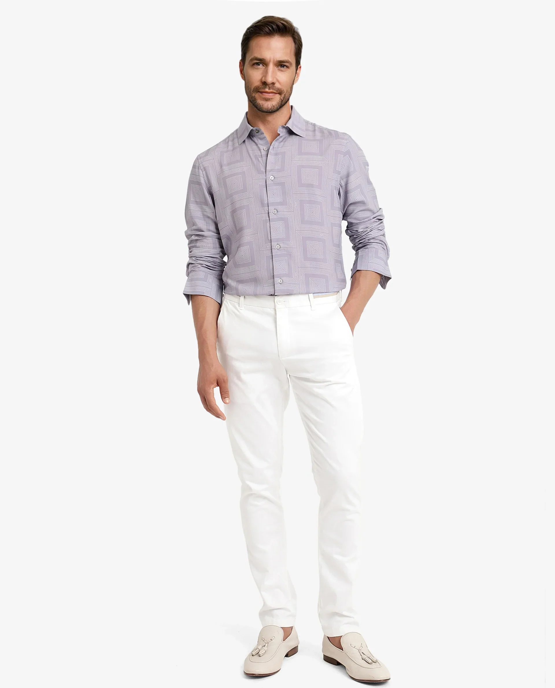 Rare Rabbit Men's Swift Pastel Purple Viscose Geometric Print Regular Fit Full Sleeve Collared Shirt - Image 3