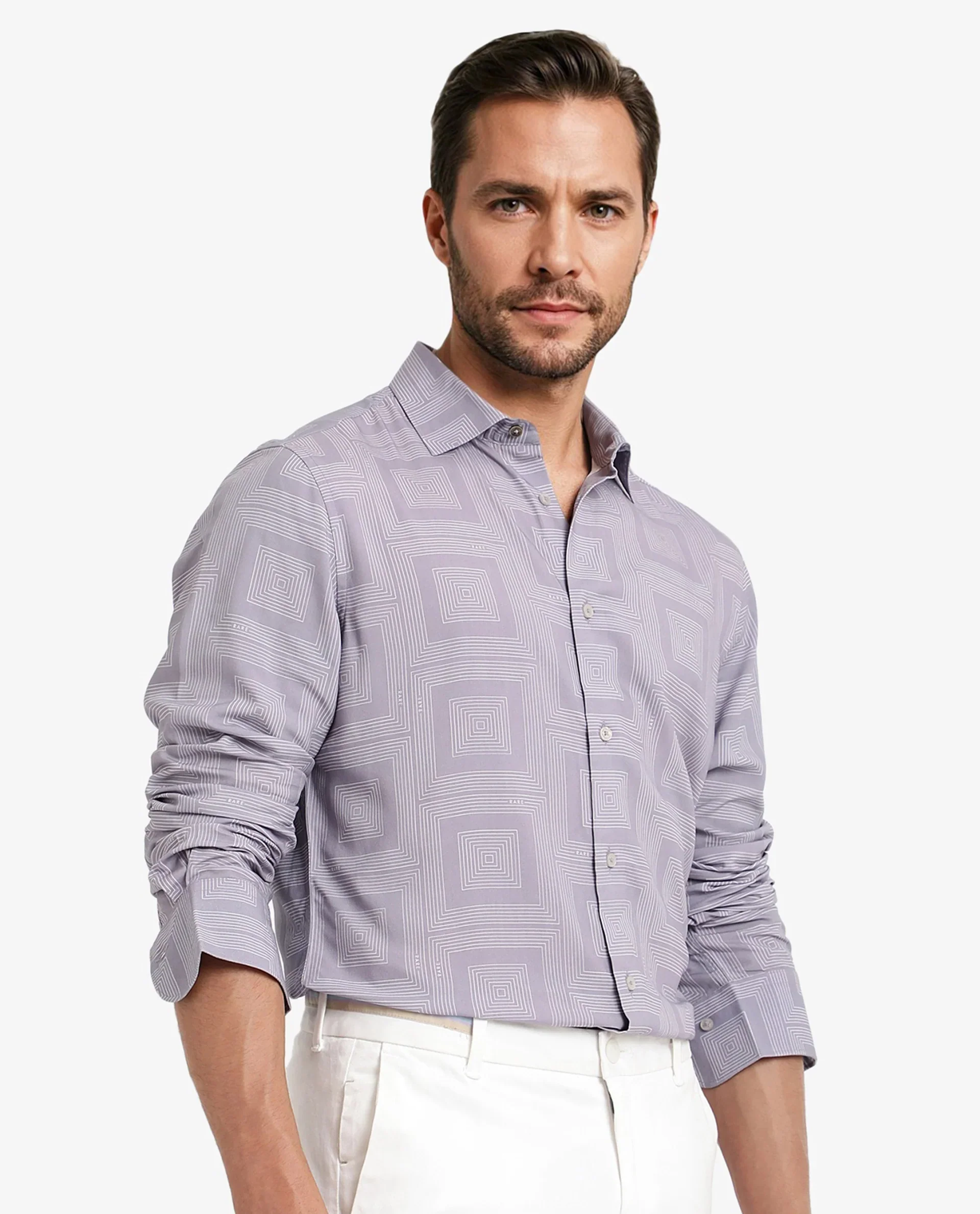Rare Rabbit Men's Swift Pastel Purple Viscose Geometric Print Regular Fit Full Sleeve Collared Shirt - Image 6
