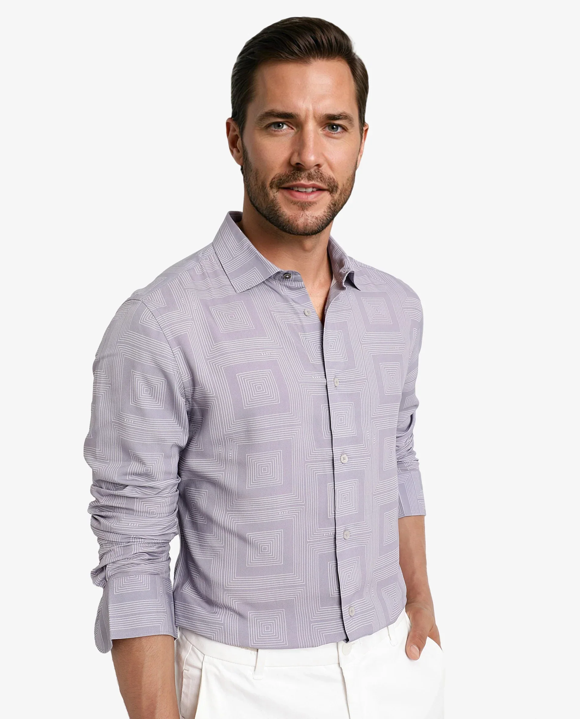 Rare Rabbit Men's Swift Pastel Purple Viscose Geometric Print Regular Fit Full Sleeve Collared Shirt - Image 7