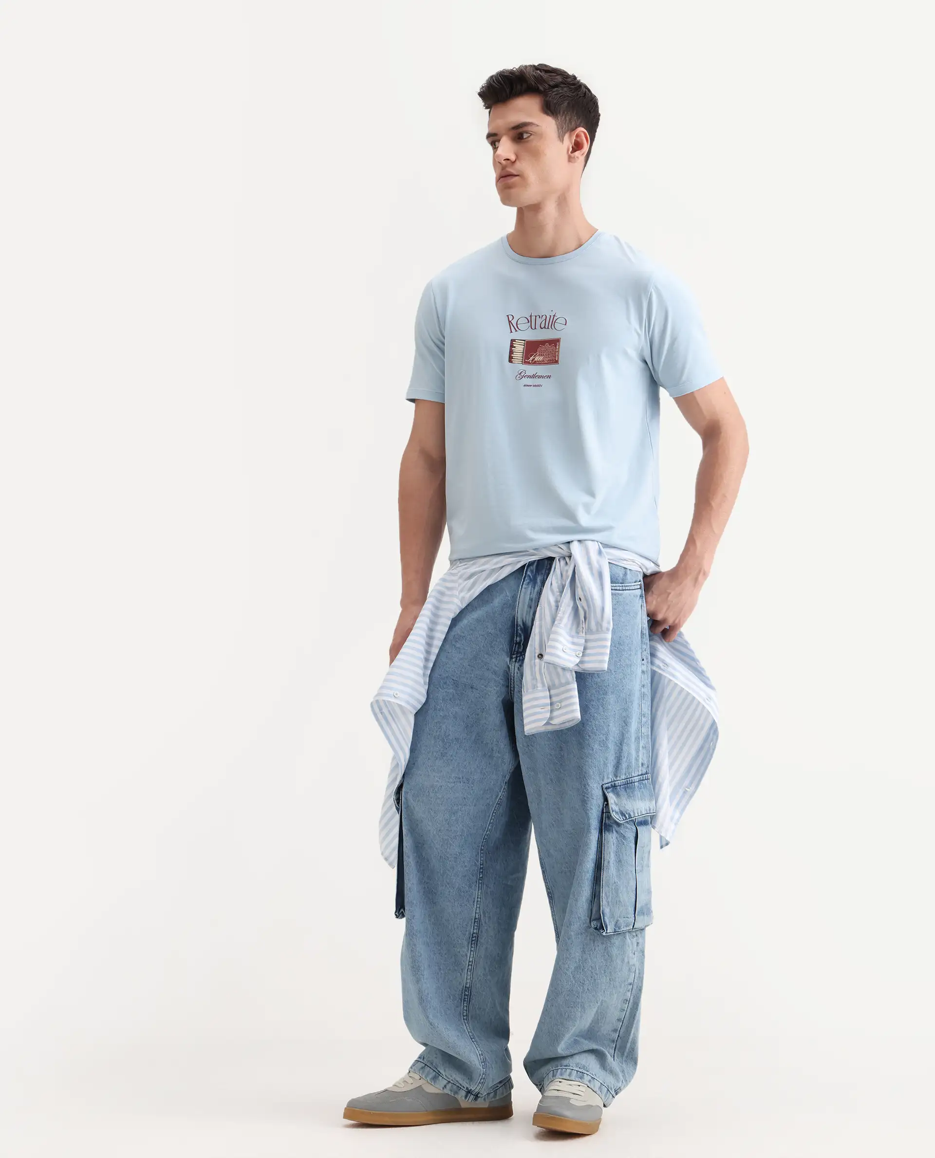 Rare Rabbit Men's Swift Light Blue Cotton Blend Graphic Print Regular Fit Half Sleeve Crew Neck T-Shirt - Image 2