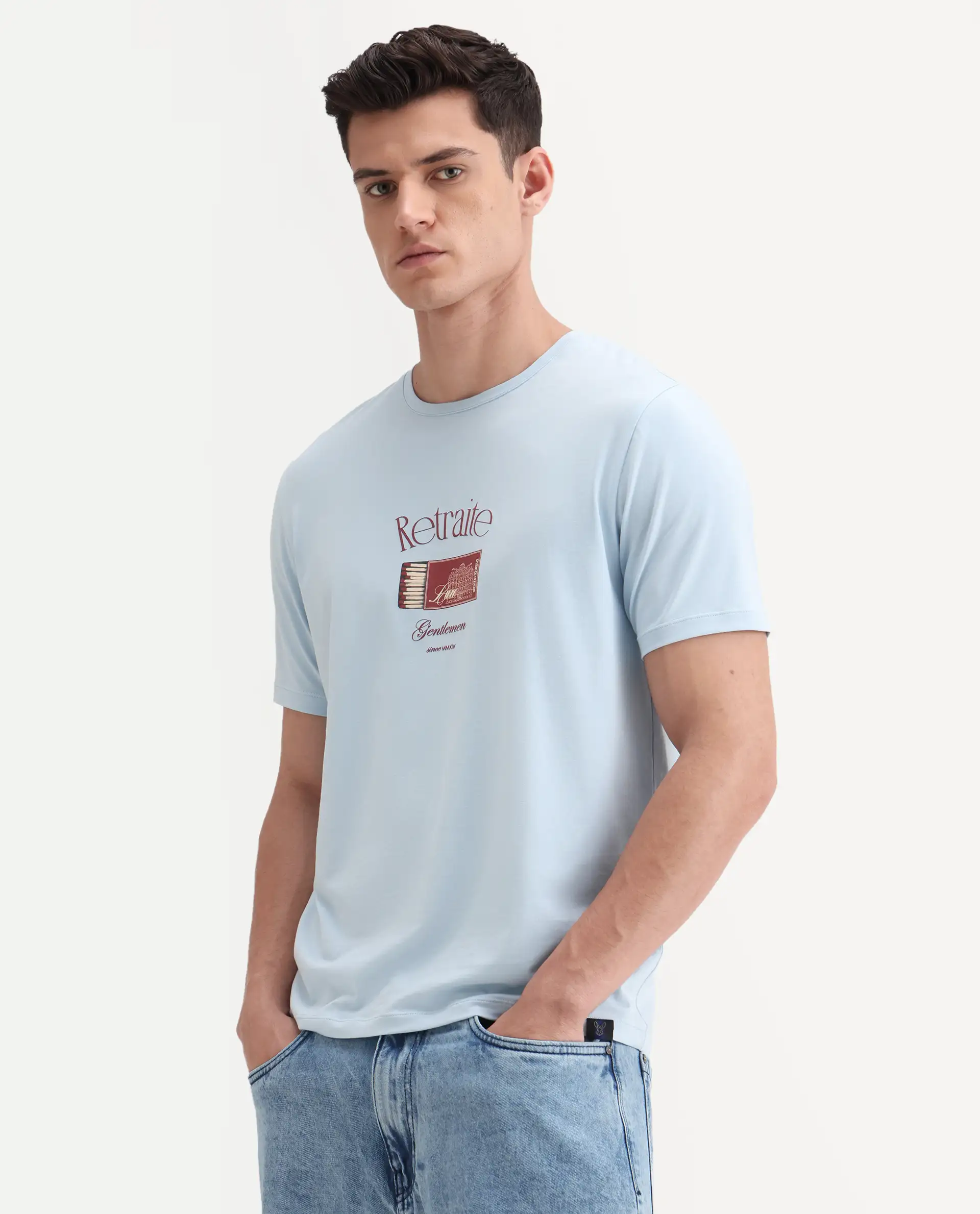 Rare Rabbit Men's Swift Light Blue Cotton Blend Graphic Print Regular Fit Half Sleeve Crew Neck T-Shirt - Image 4