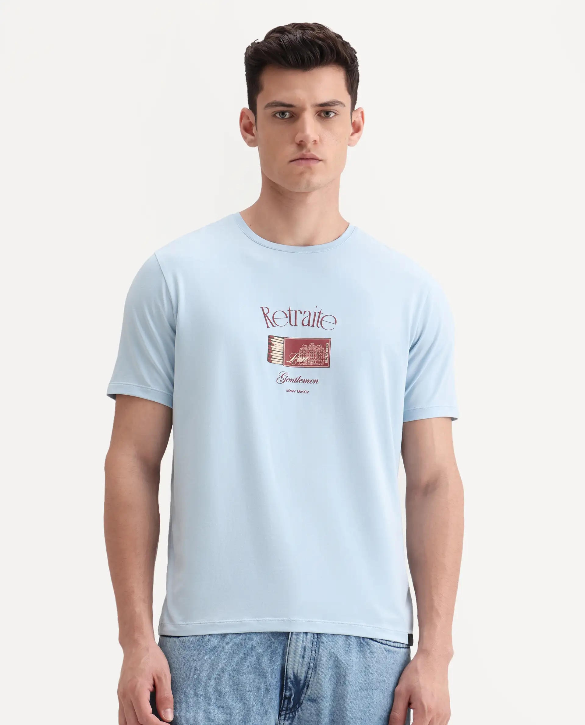 Rare Rabbit Men's Swift Light Blue Cotton Blend Graphic Print Regular Fit Half Sleeve Crew Neck T-Shirt - Image 5
