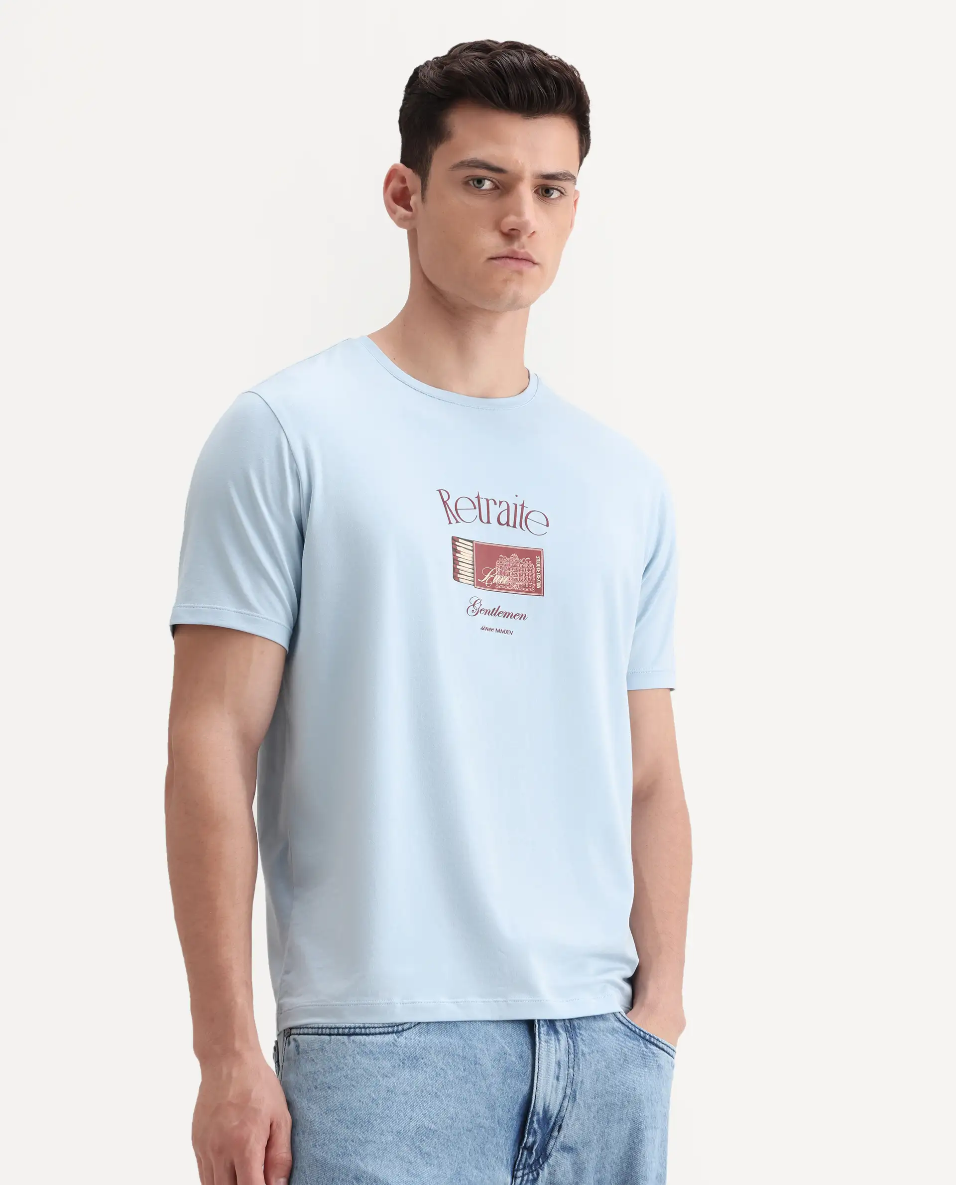 Rare Rabbit Men's Swift Light Blue Cotton Blend Graphic Print Regular Fit Half Sleeve Crew Neck T-Shirt - Image 6
