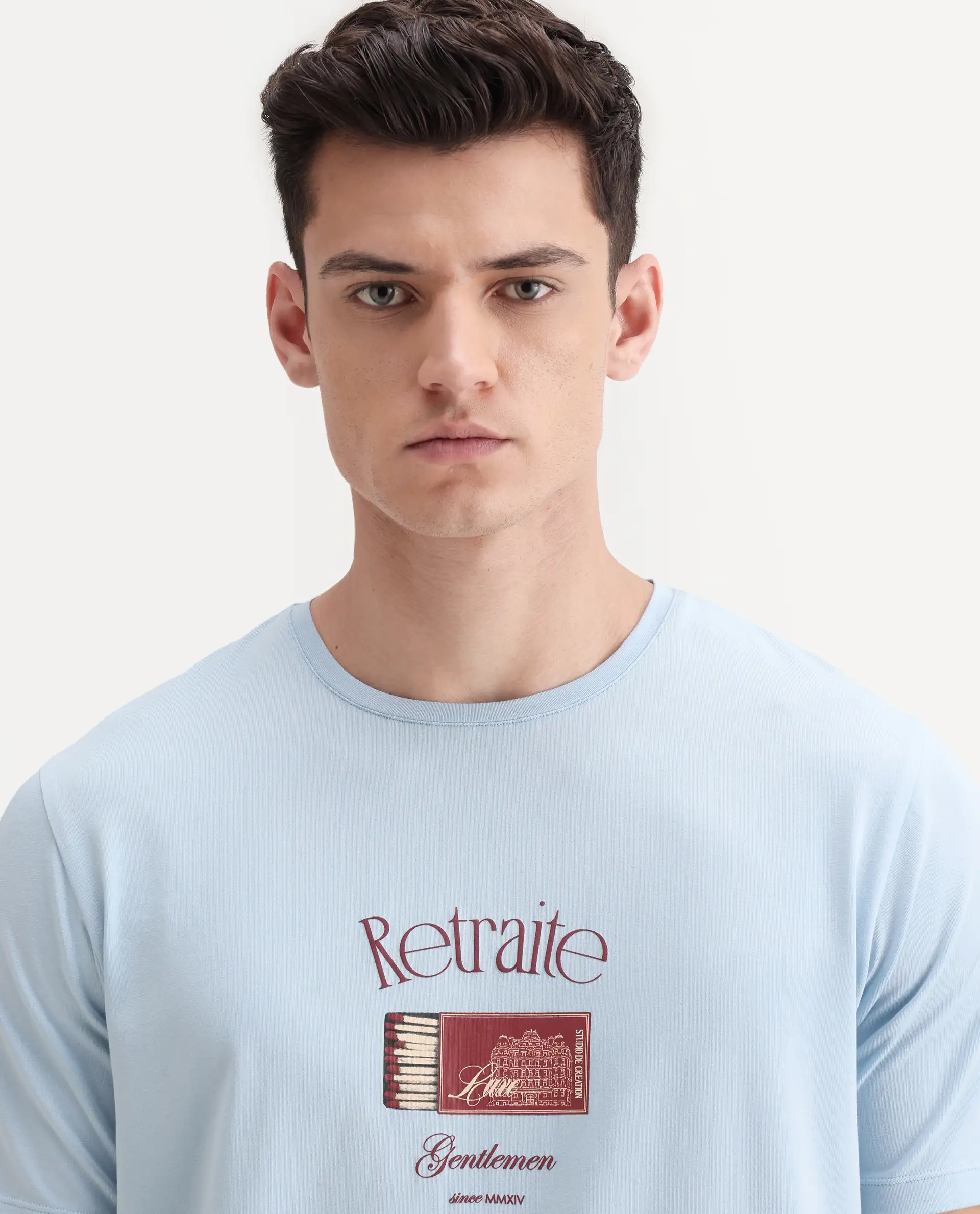 Rare Rabbit Men's Swift Light Blue Cotton Blend Graphic Print Regular Fit Half Sleeve Crew Neck T-Shirt - Image 7