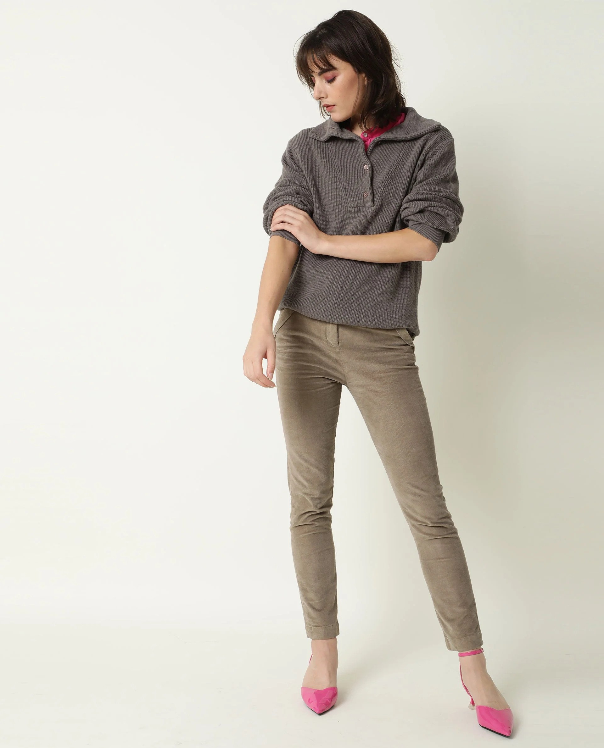 Rareism Women Swing Grey Sweater Full Sleeves Solid - Image 10