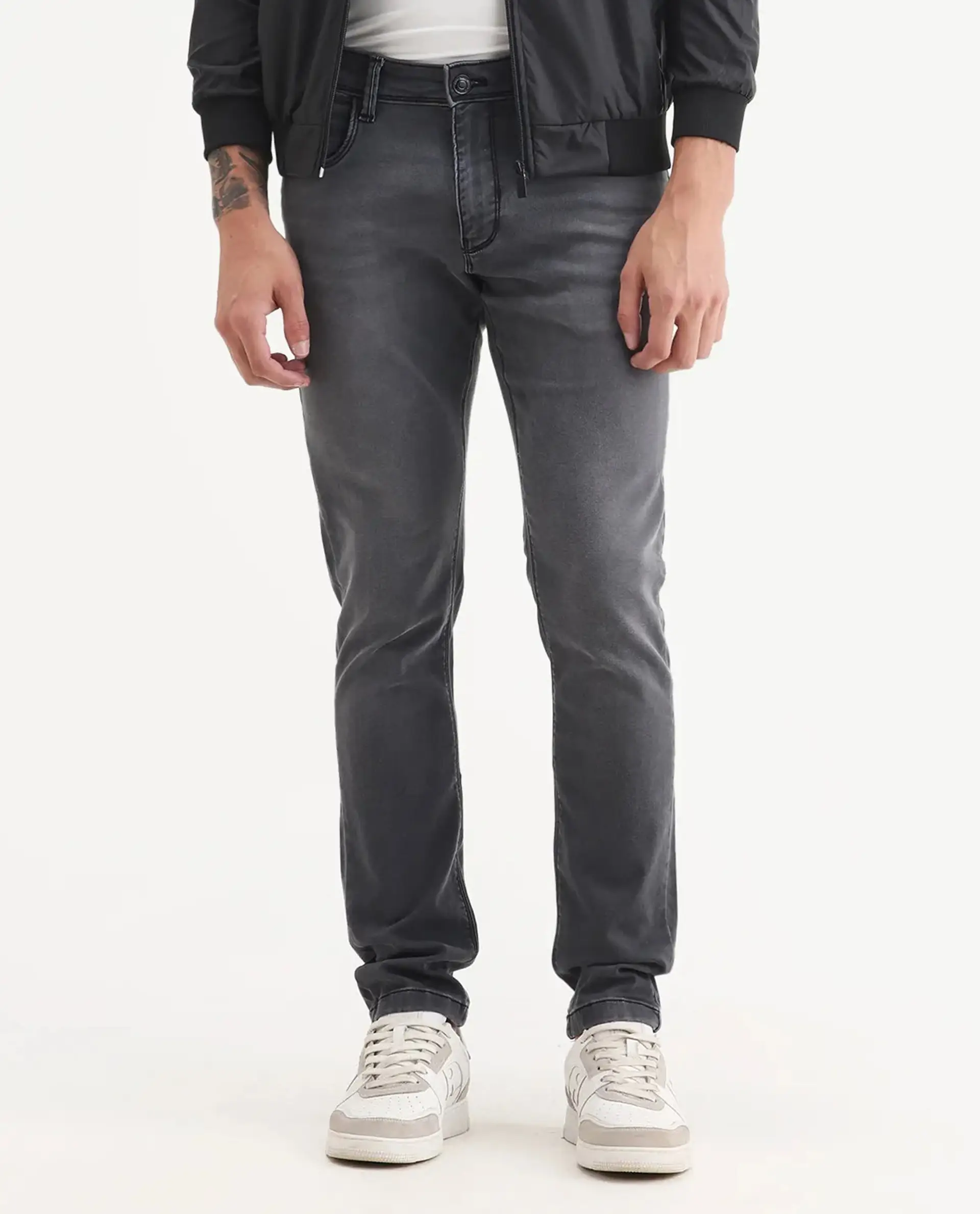 Rare Rabbit Men's Switz-1 Dark Grey Cotton Blend Fabric Hawk Slim Plain Jeans - Image 9