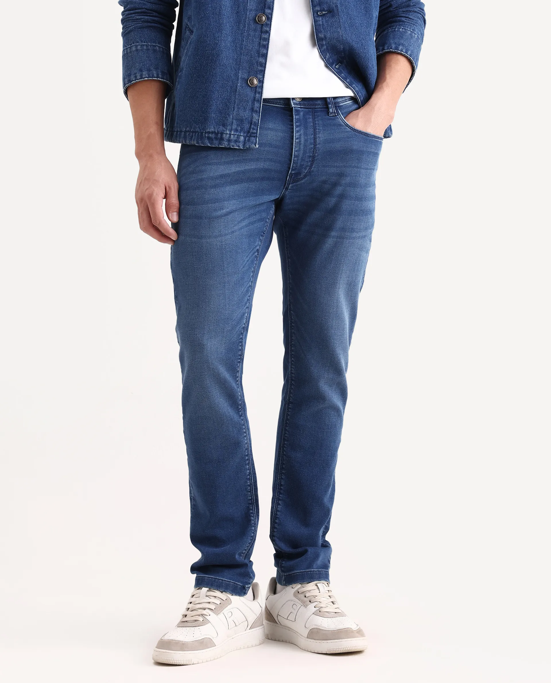 Rare Rabbit Men's Switz-2 Blue Cotton Blend Fabric Hawk Slim Plain Jeans - Image 2