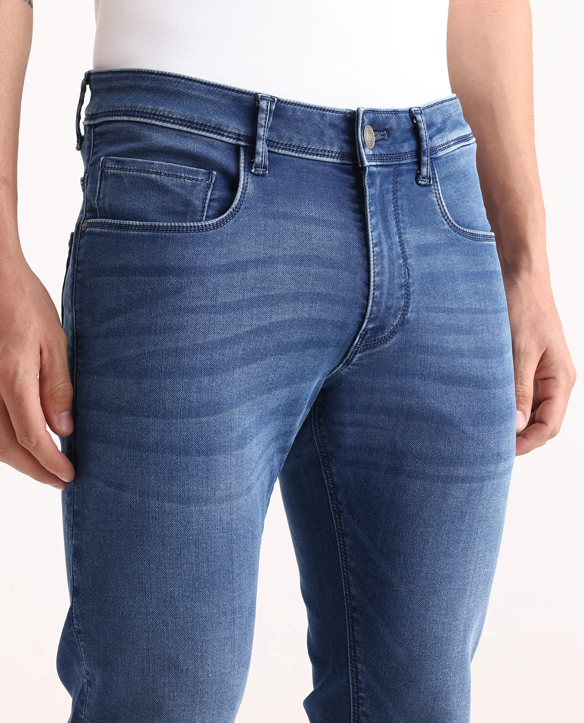 Rare Rabbit Men's Switz-2 Blue Cotton Blend Fabric Hawk Slim Plain Jeans - Image 6