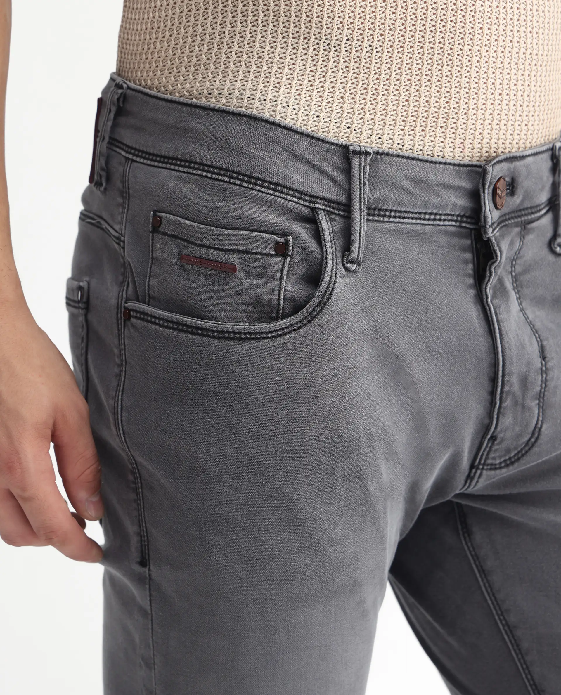 Rare Rabbit Men's Switz Dark Grey Cotton Plain Hawk Slim Fit Jeans - Image 7