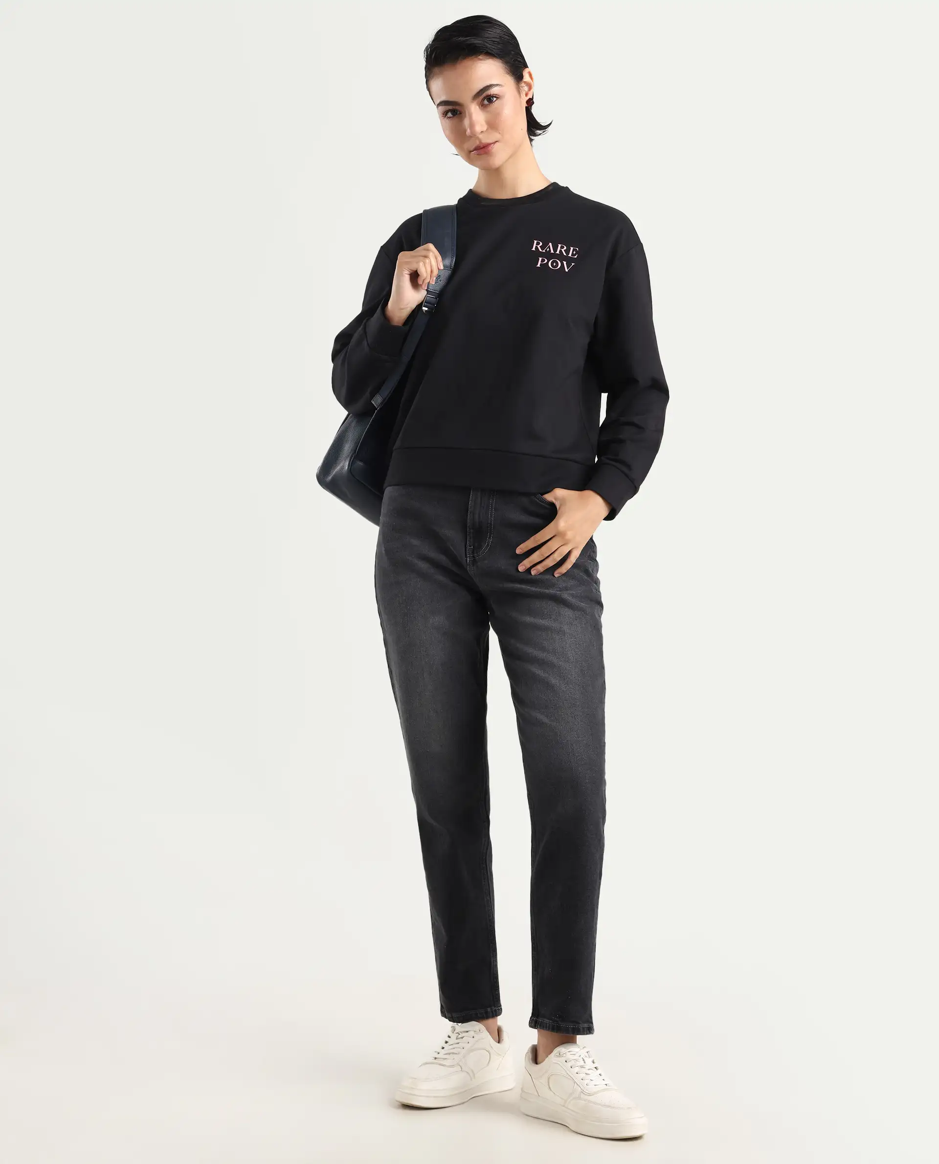 Rareism Women's Swoze Black Cotton Blend Crew Neck Graphic Print Relaxed Fit Sweatshirt - Image 2