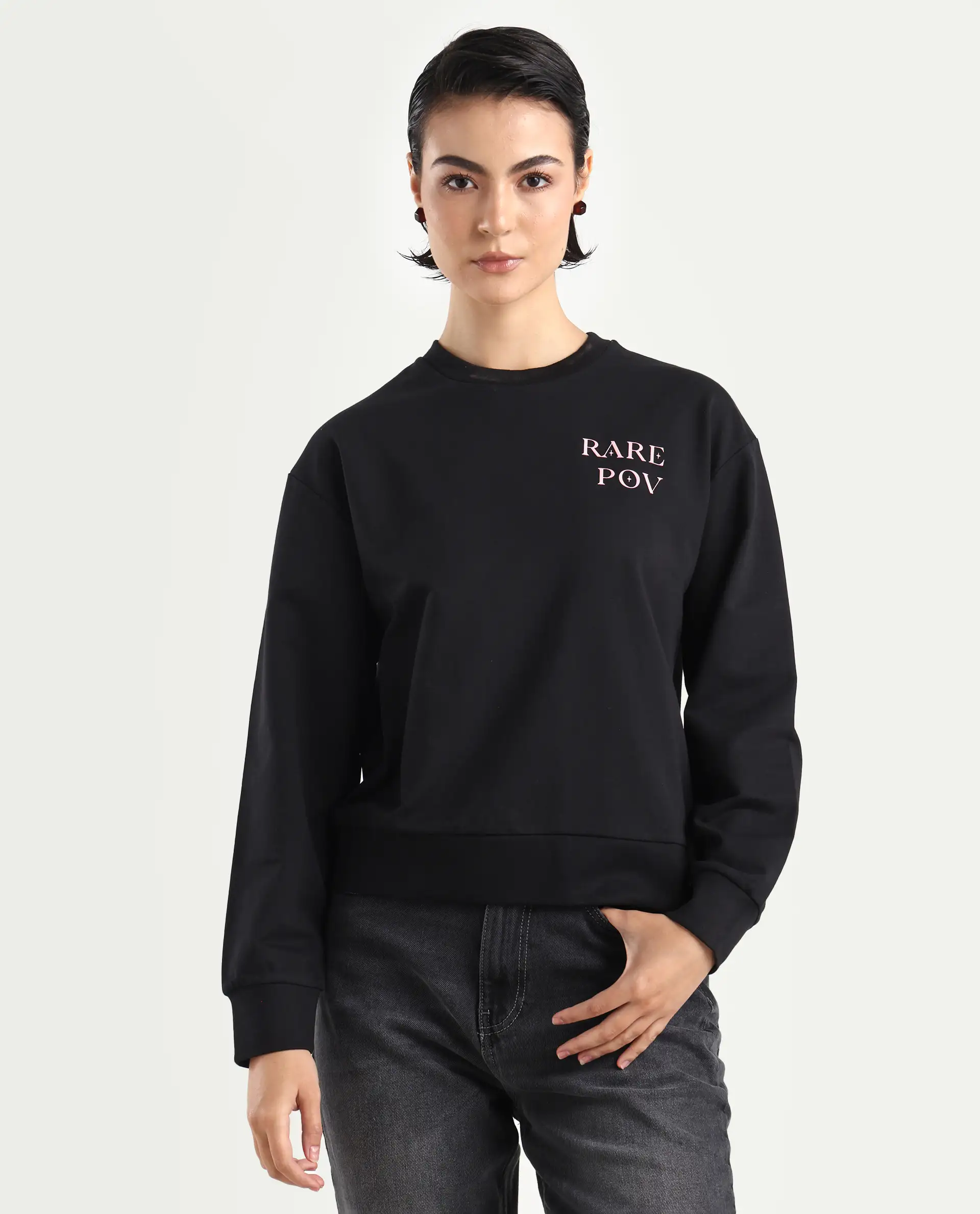 Rareism Women's Swoze Black Cotton Blend Crew Neck Graphic Print Relaxed Fit Sweatshirt - Image 4
