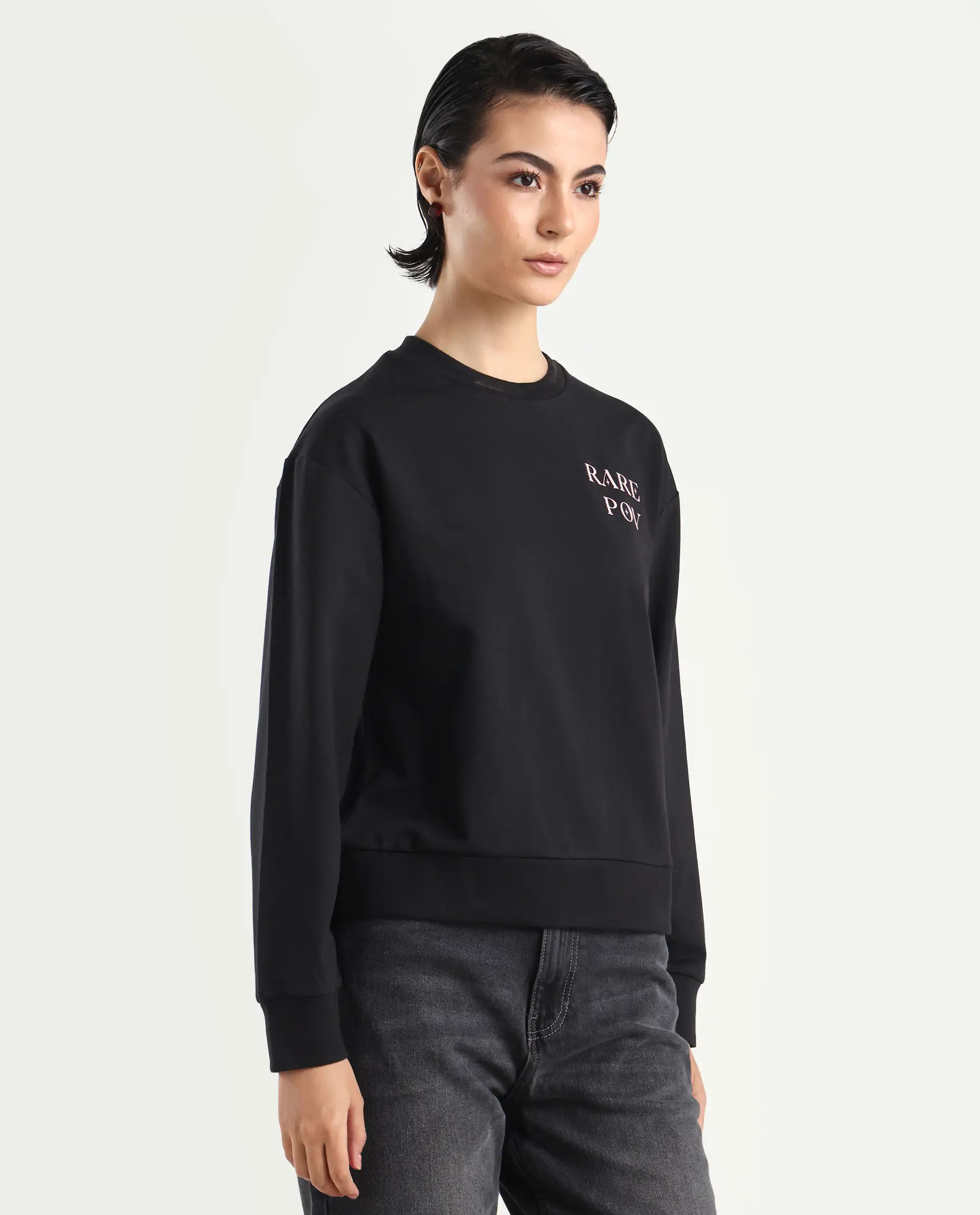 Rareism Women's Swoze Black Cotton Blend Crew Neck Graphic Print Relaxed Fit Sweatshirt - Image 5