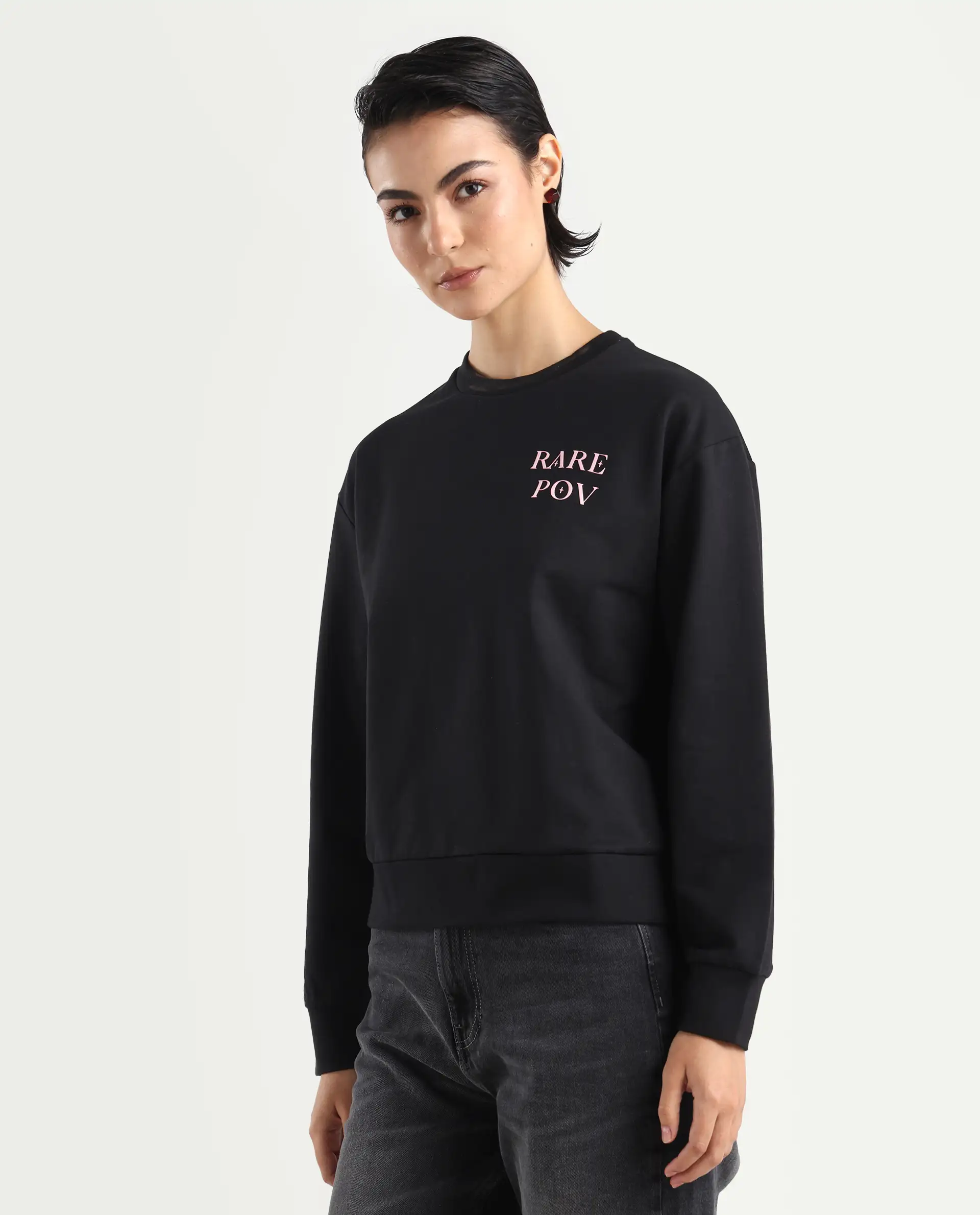 Rareism Women's Swoze Black Cotton Blend Crew Neck Graphic Print Relaxed Fit Sweatshirt - Image 6