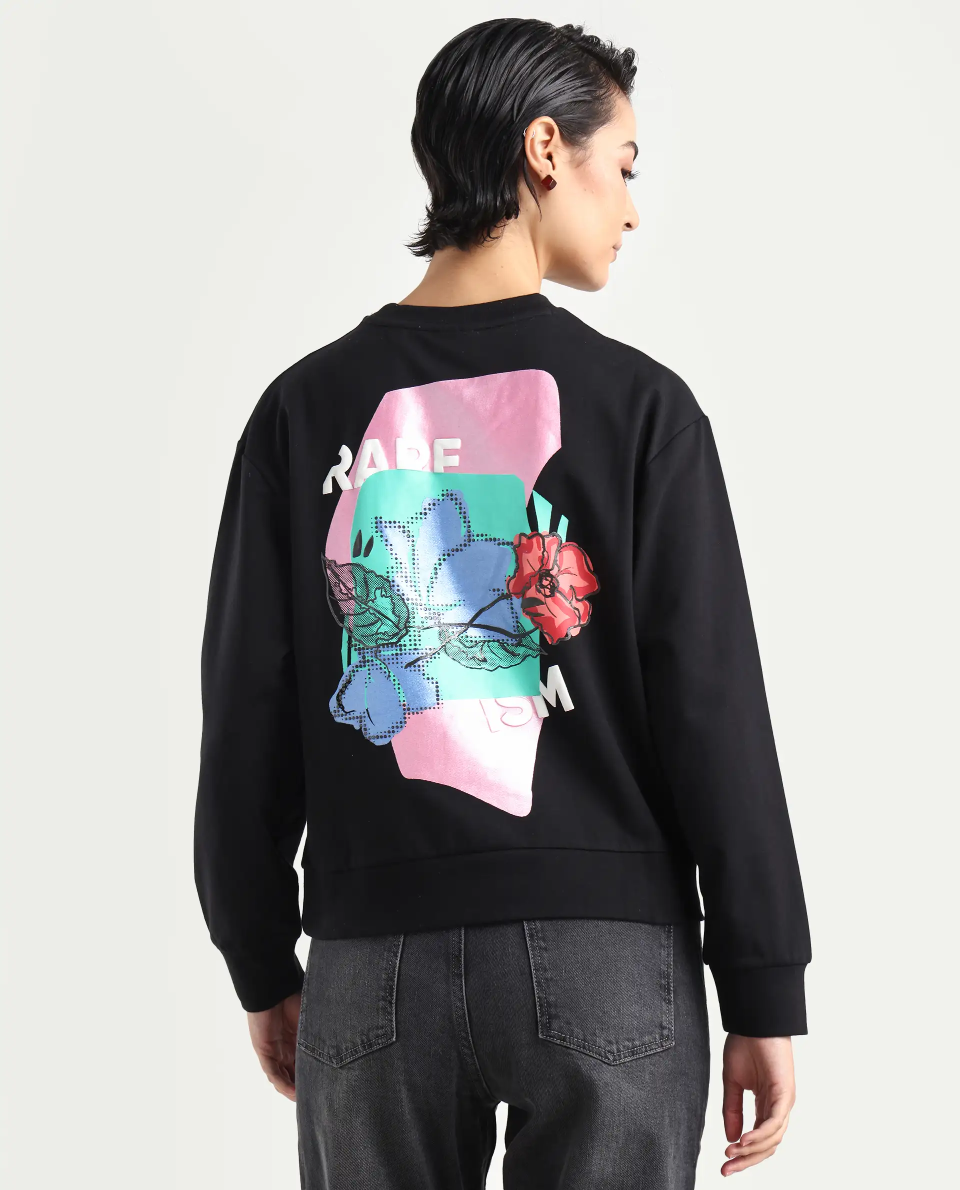 Rareism Women's Swoze Black Cotton Blend Crew Neck Graphic Print Relaxed Fit Sweatshirt - Image 7