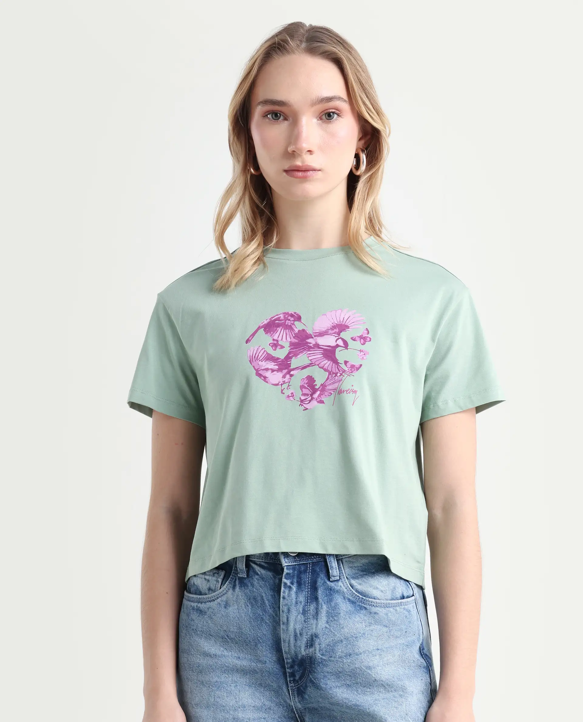 Rareism Women's Sydent Green Cotton Blend Crew Neck Graphic Print Crop Regular Fit T-Shirt - Image 3