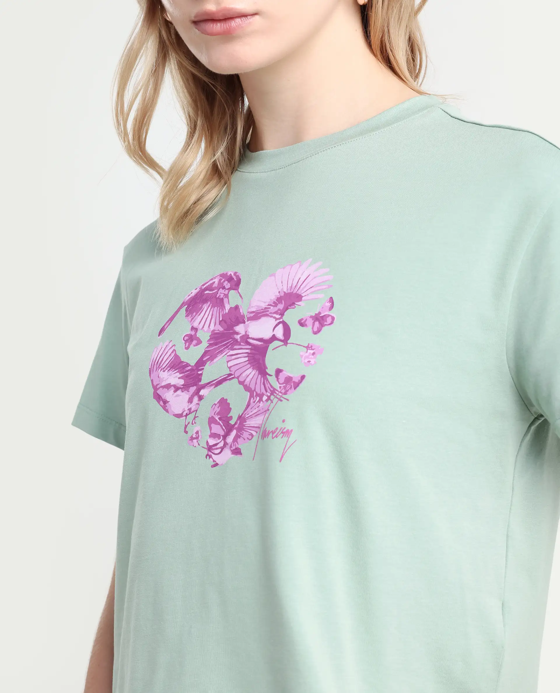 Rareism Women's Sydent Green Cotton Blend Crew Neck Graphic Print Crop Regular Fit T-Shirt - Image 4