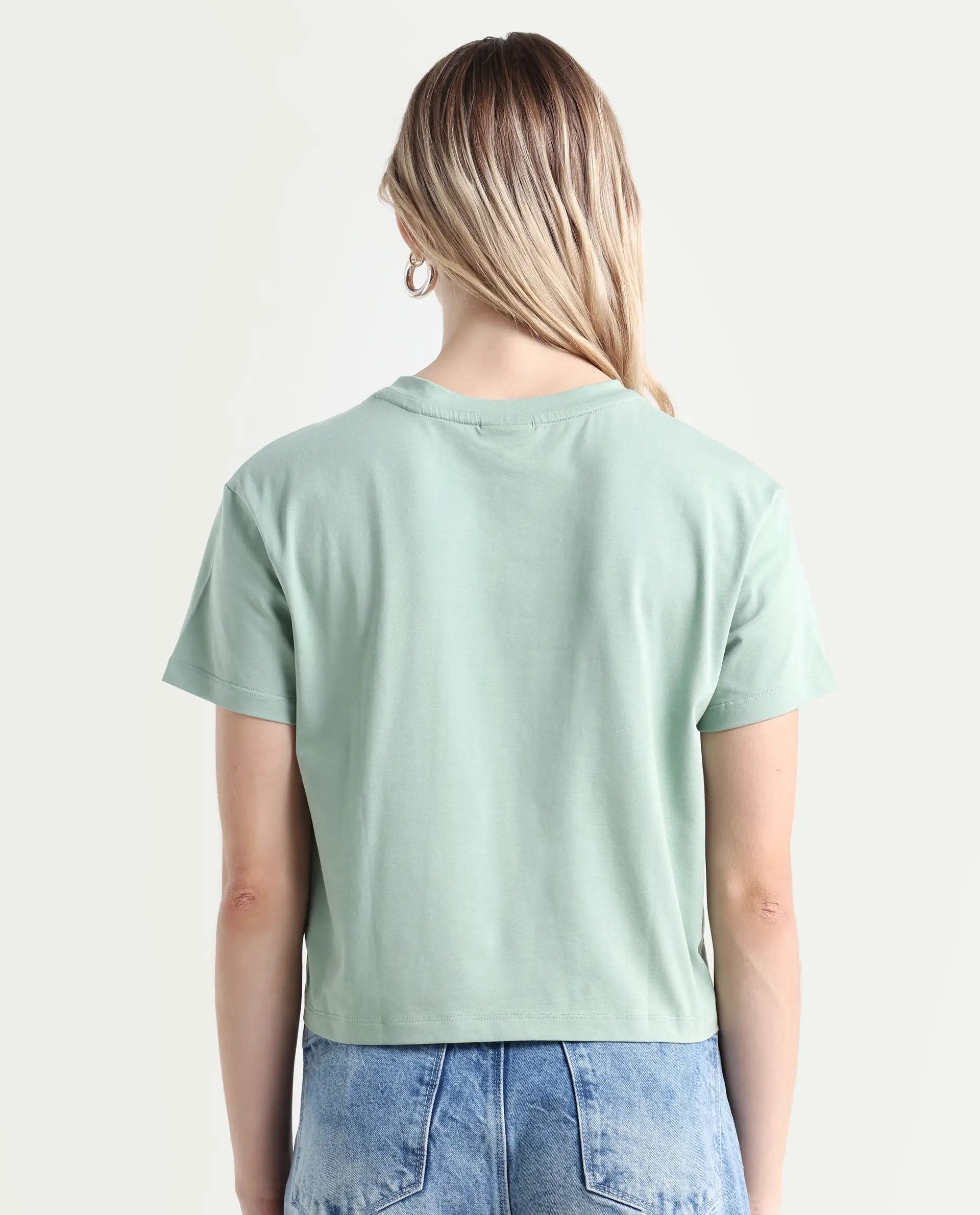 Rareism Women's Sydent Green Cotton Blend Crew Neck Graphic Print Crop Regular Fit T-Shirt - Image 7
