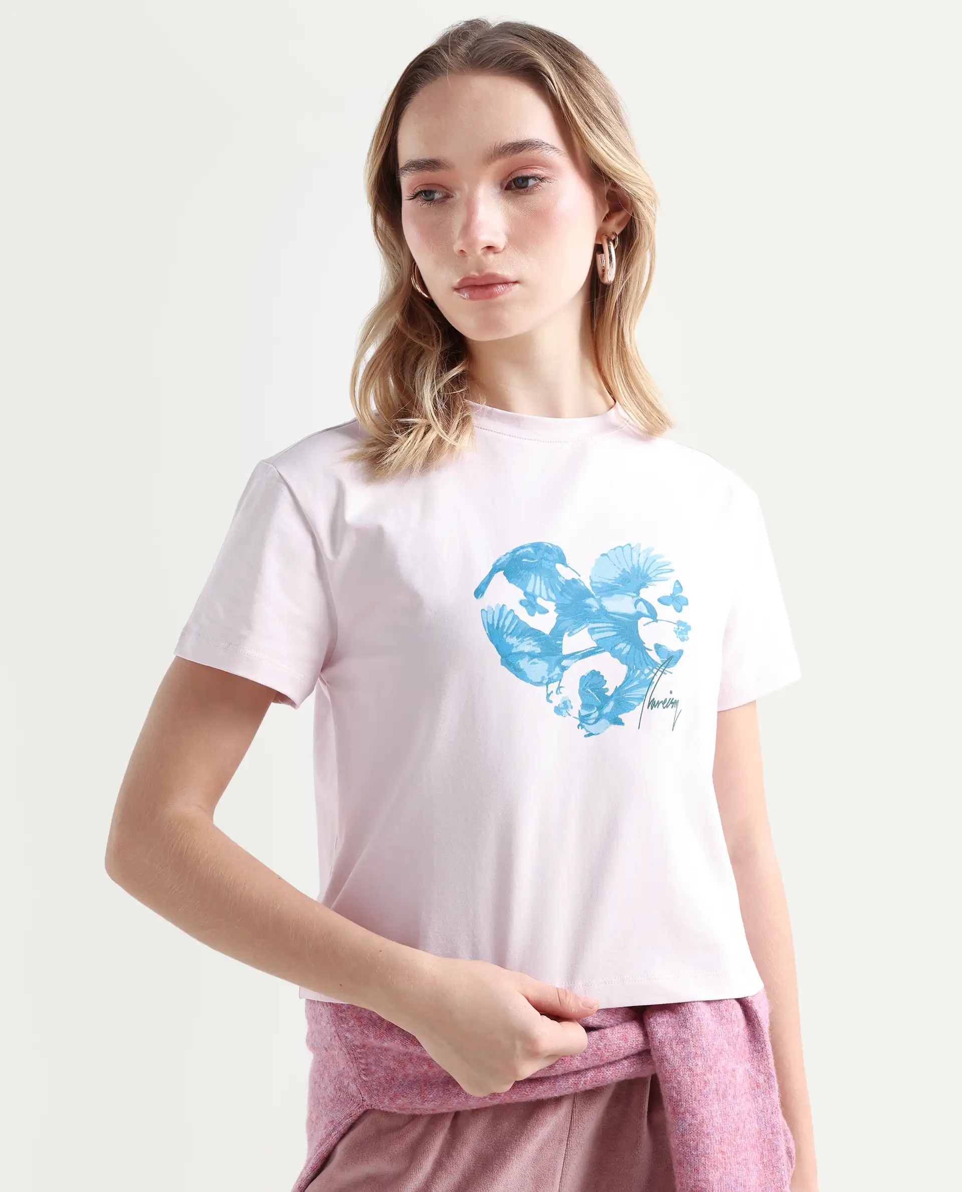 Rareism Women's Sydent Pastel Pink Cotton Blend Crew Neck Graphic Print Crop Regular Fit T-Shirt