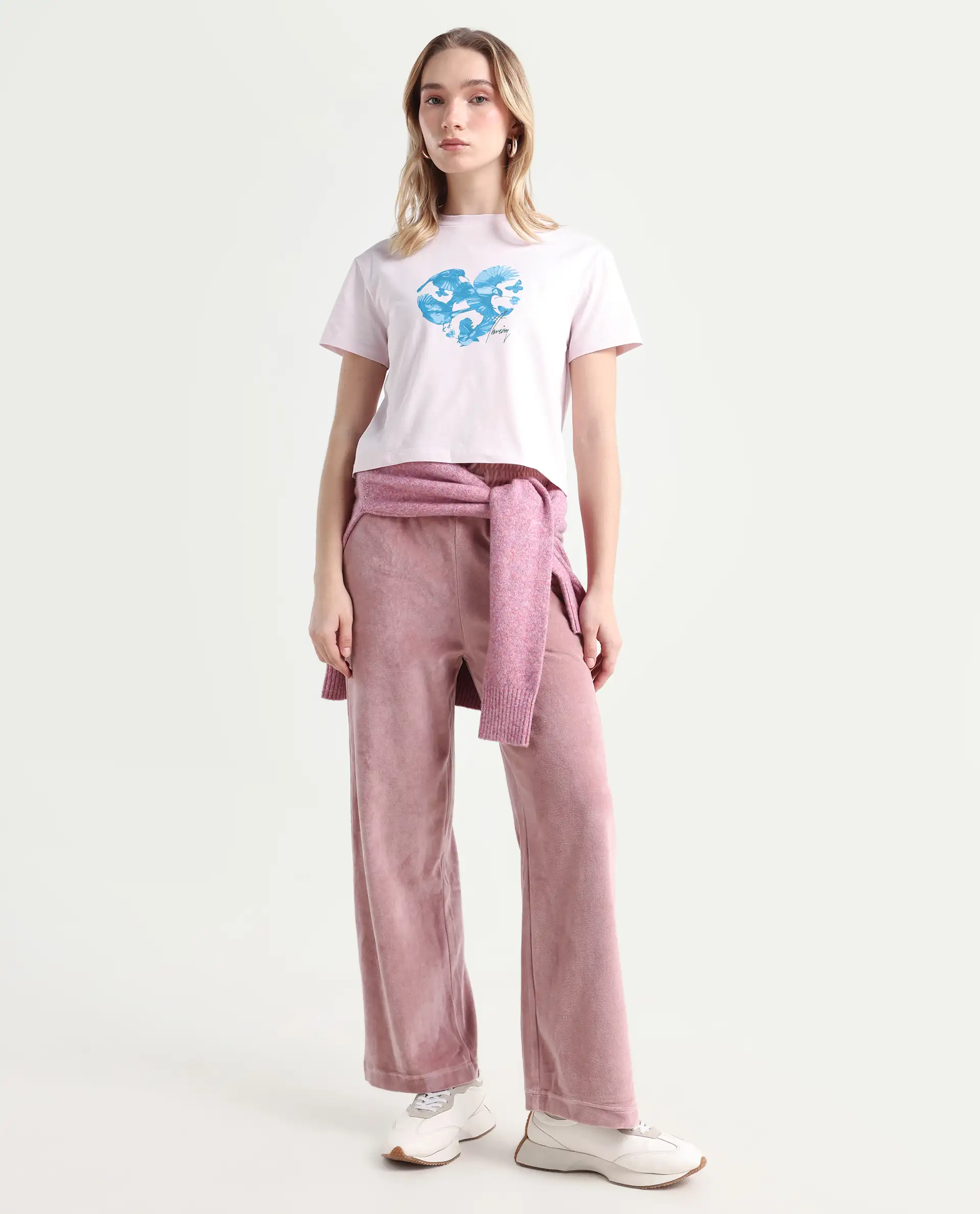 Rareism Women's Sydent Pastel Pink Cotton Blend Crew Neck Graphic Print Crop Regular Fit T-Shirt - Image 2